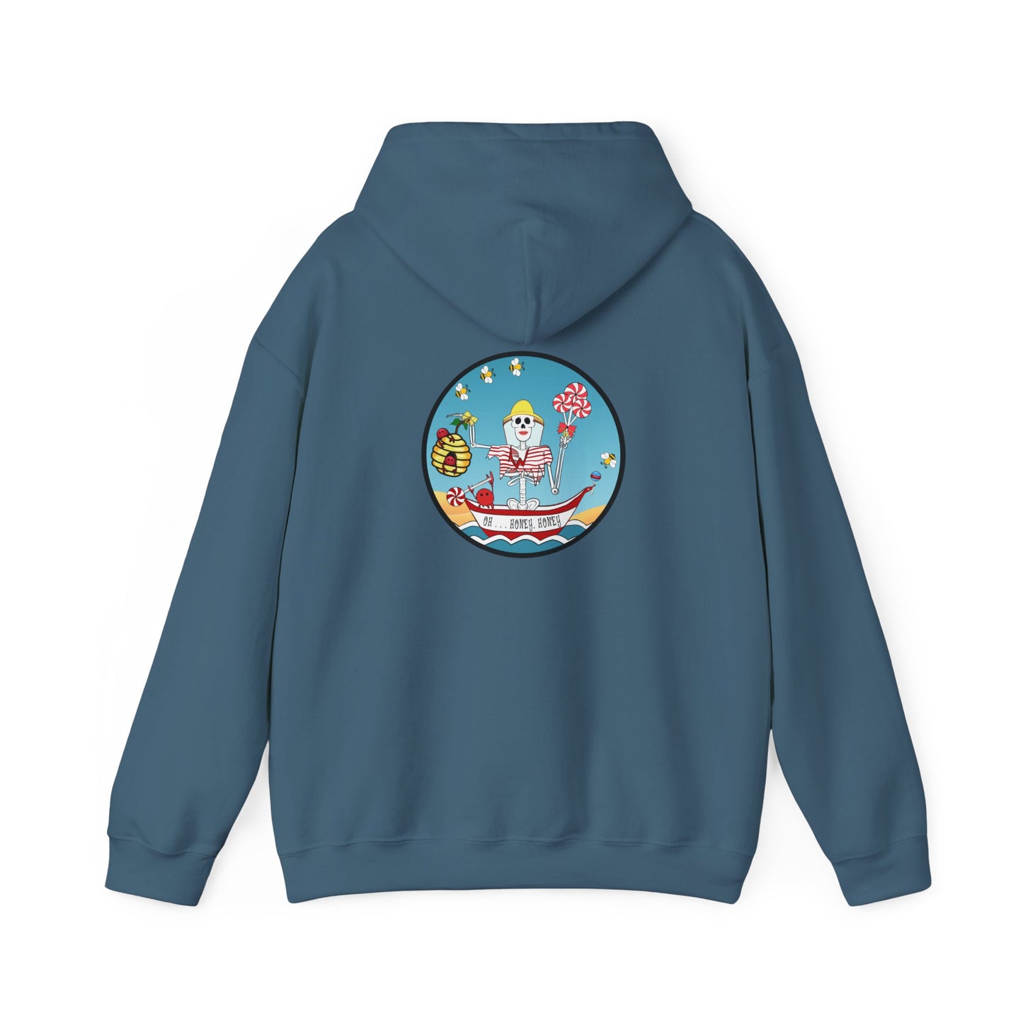 Oh . . . Honey, Honey, The Classic All Day Hooded Sweatshirt, Indigo Blue, Antique Sapphire, Cherry Red, and White,