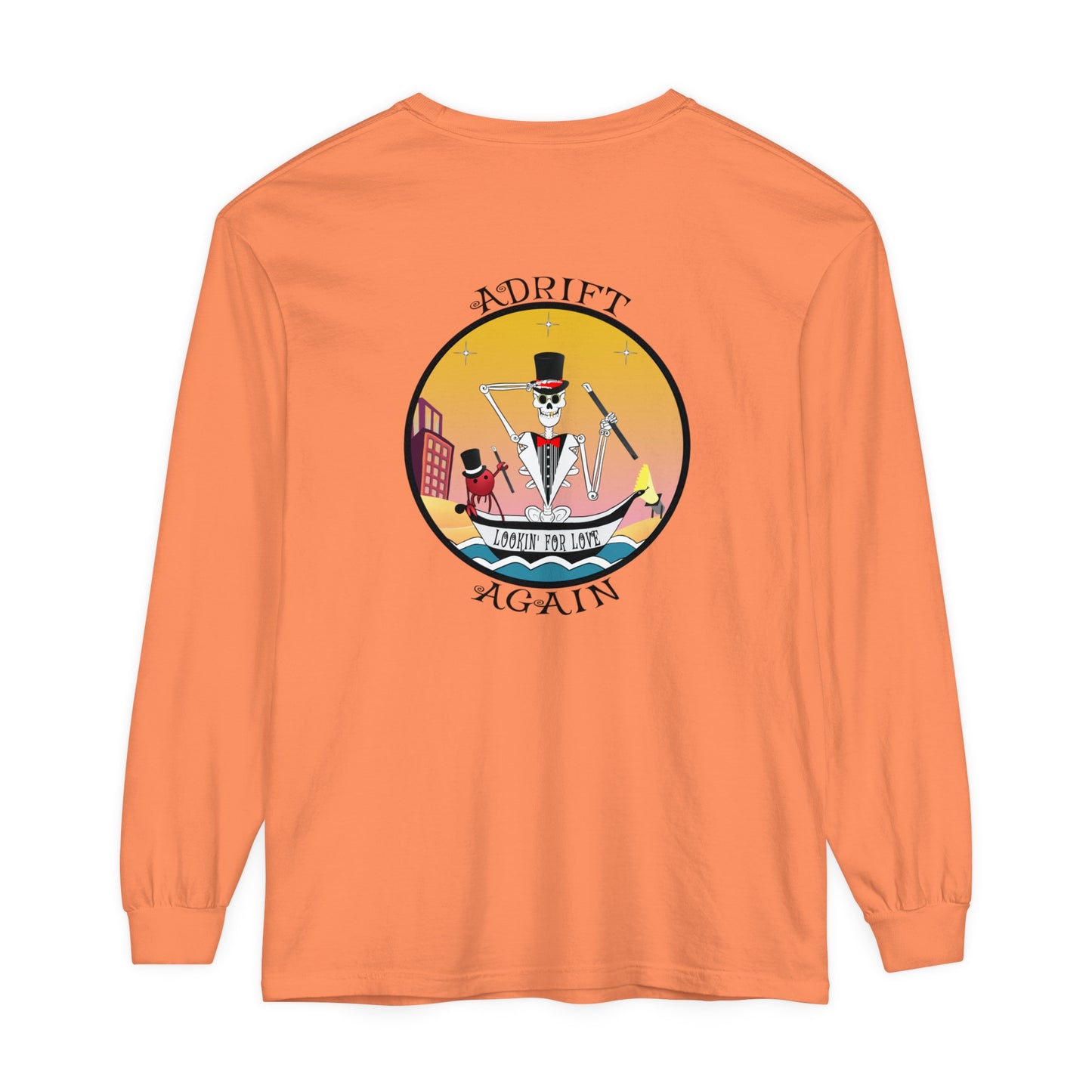 Lookin' For Love Unisex Garment-dyed Long Sleeve T-Shirt, Melon, Black & White