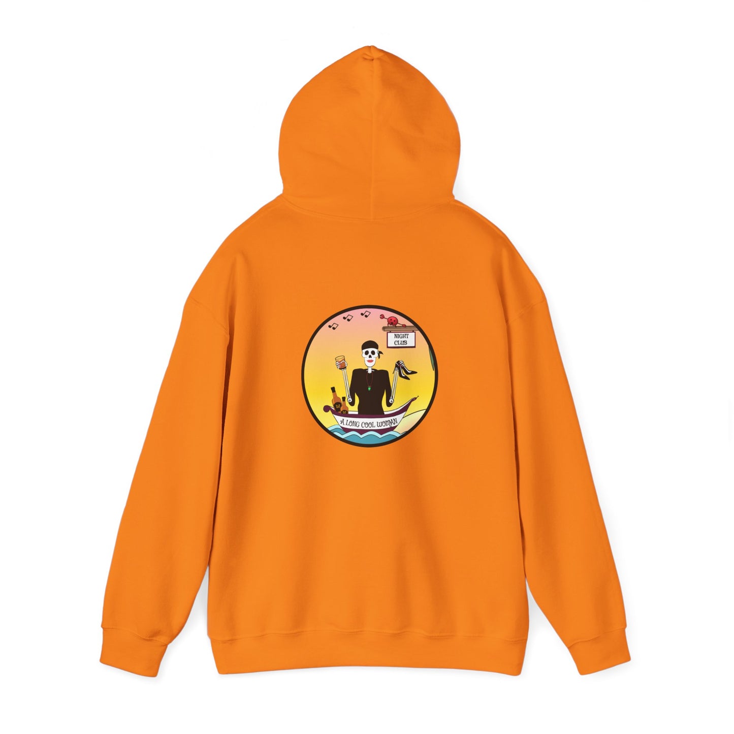A Long Cool Woman, The Classic All Day Hooded Sweatshirt, Safety Pink, Safety Orange, Antique Sapphire, Cherry Red, and Black