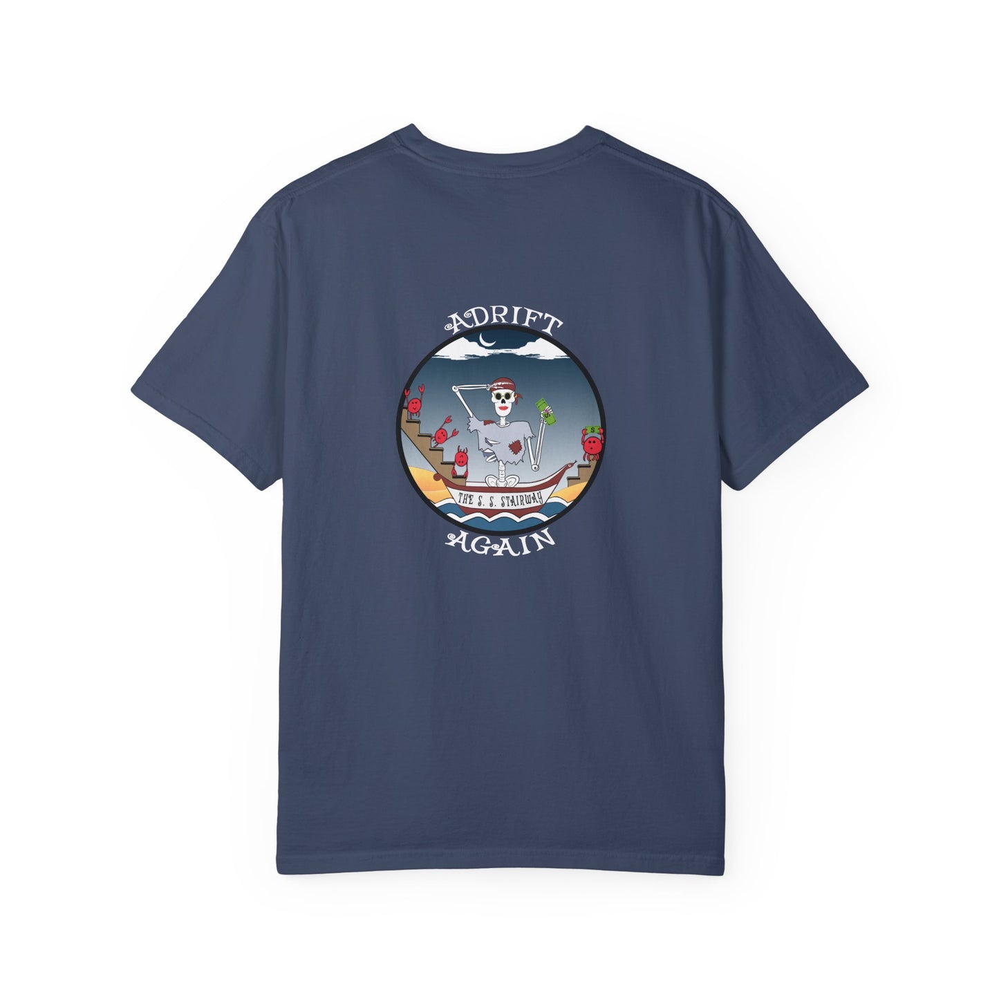 The S. S. Stairway, Unisex Garment-Dyed, Short Sleeve T-shirt, In Blue Jean, Black, Ice Blue, White & Midnight