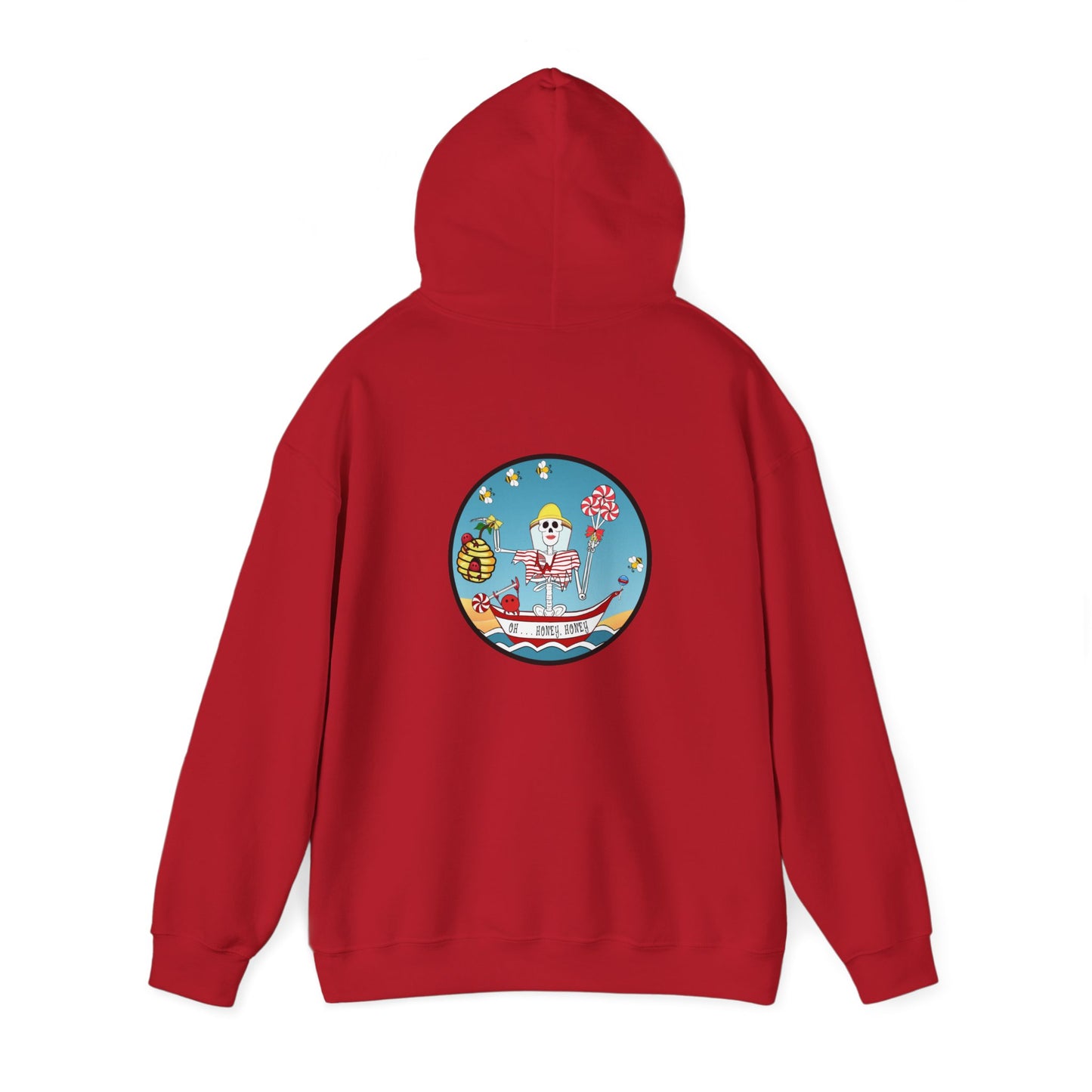 Oh . . . Honey, Honey, The Classic All Day Hooded Sweatshirt, Indigo Blue, Antique Sapphire, Cherry Red, and White,
