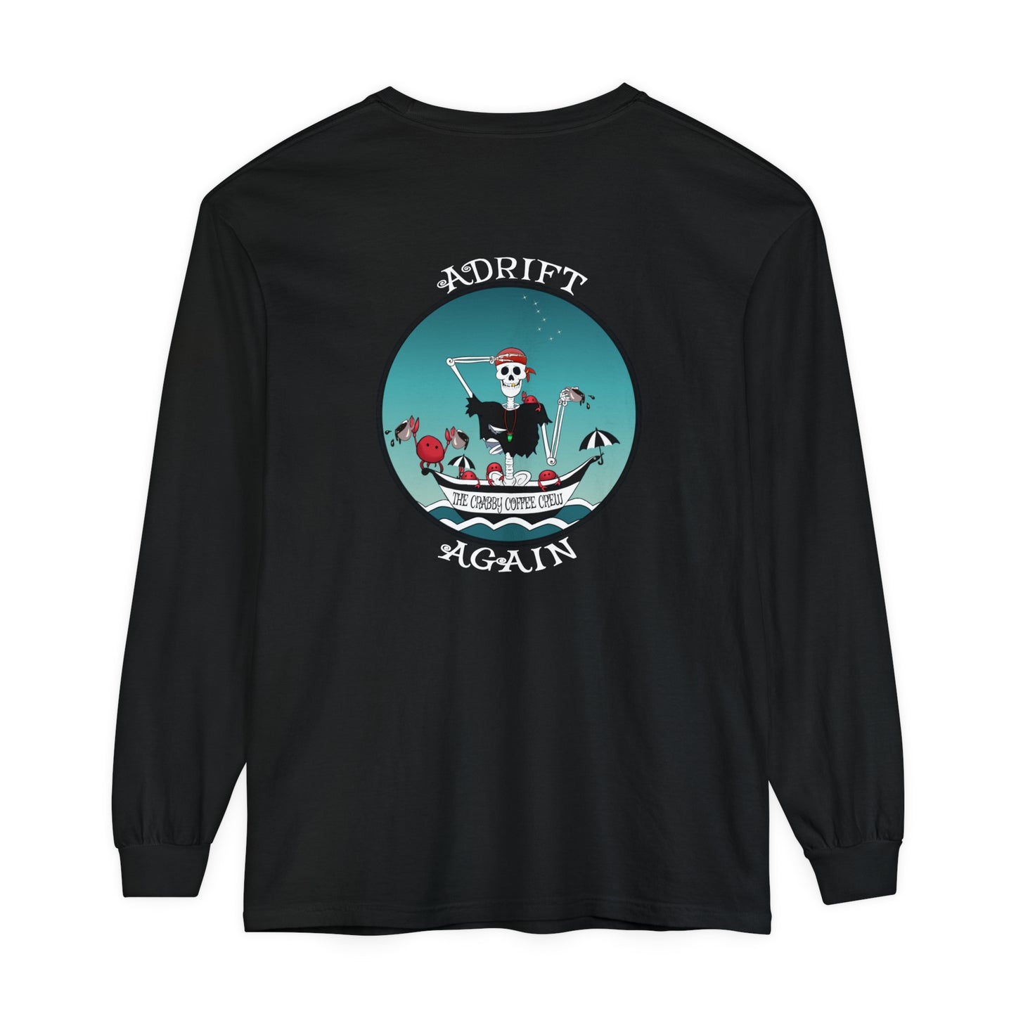 The Crabby Coffee Crew Unisex Garment-dyed Long Sleeve T-Shirt, in Mint, Black & Seafoam