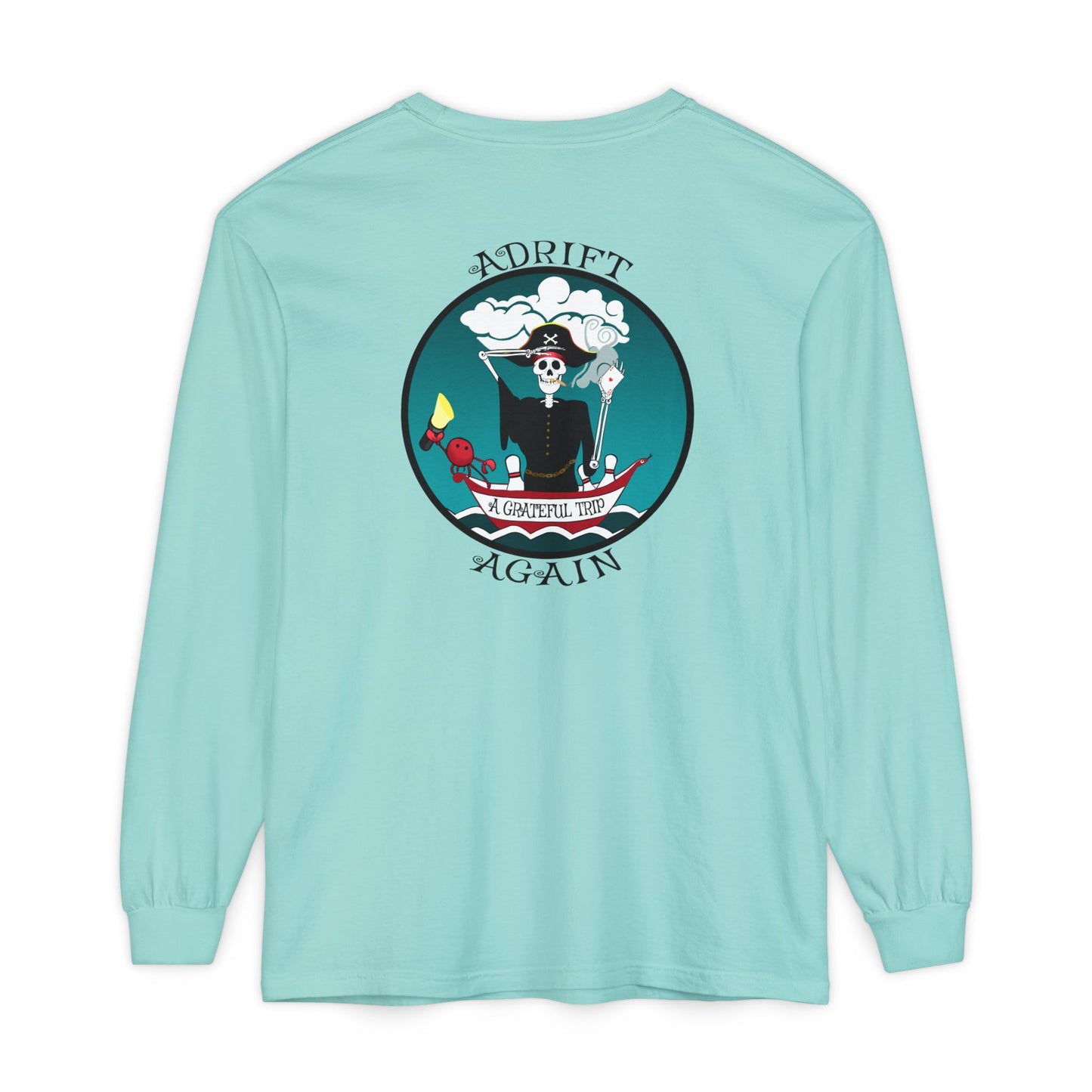 A Grateful Trip Unisex Garment-dyed Long Sleeve T-Shirt, Red, Black, Granite, White & Mint