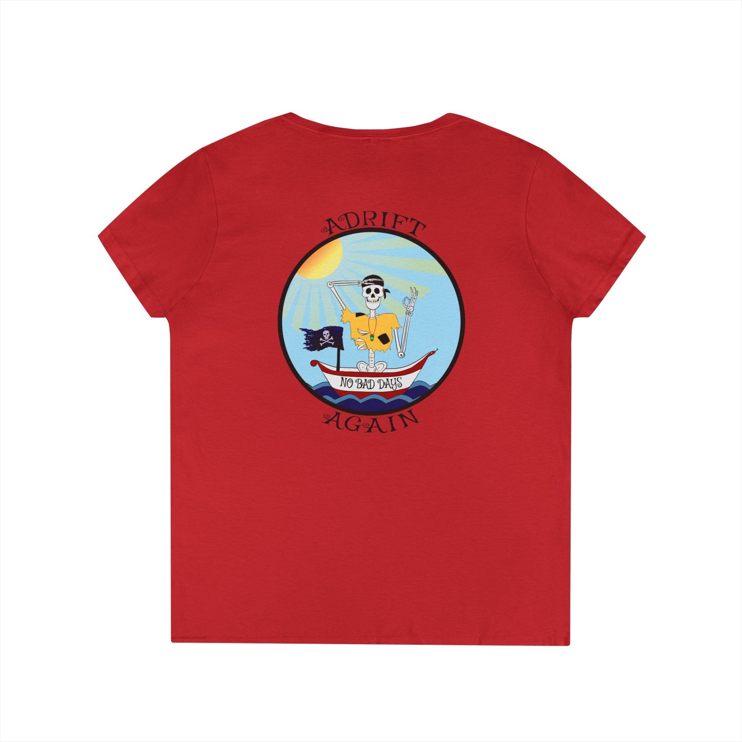Adrift Again No Bad Days, Women's V-Neck T-Shirt, in Royal, Sport Grey, White & Red