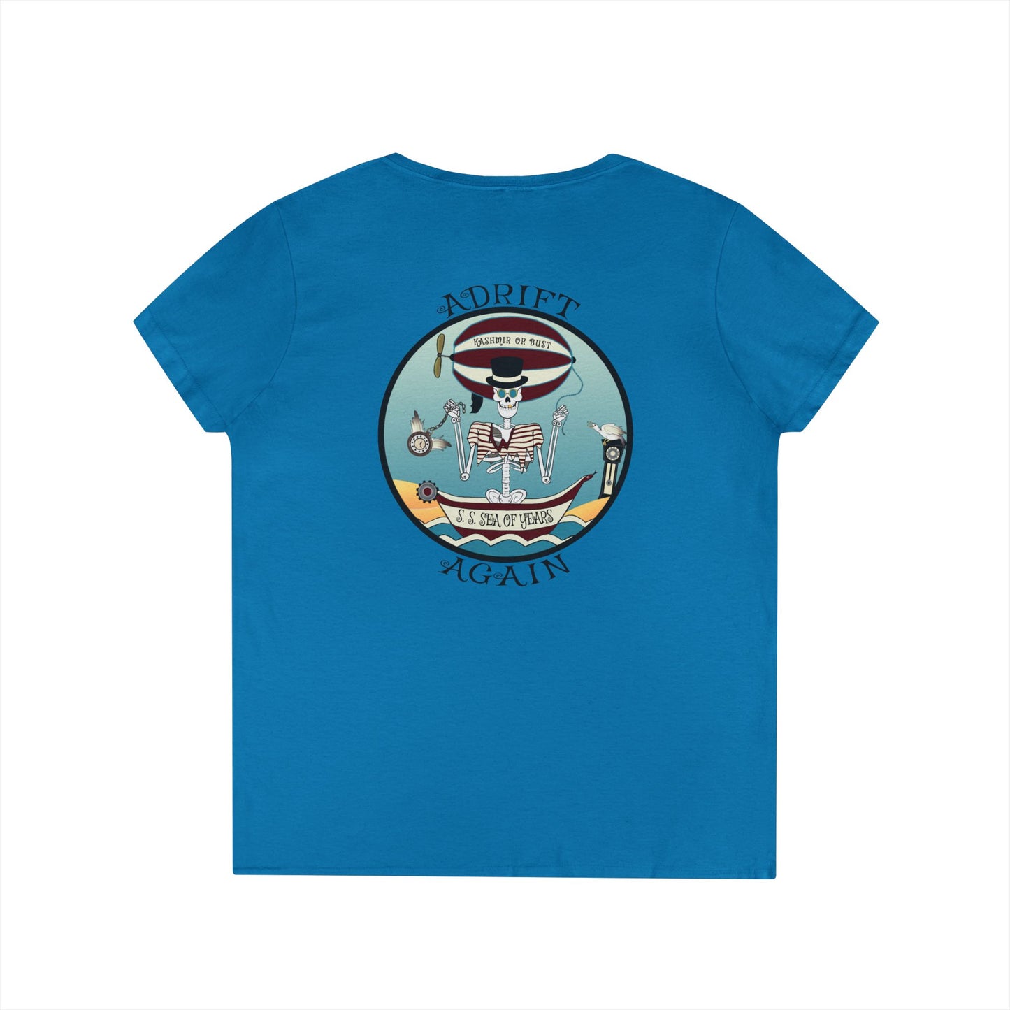 S. S. Sea Of Years, Women's V-Neck T-Shirt, in Sport Grey, Sapphire, and Coral Silk