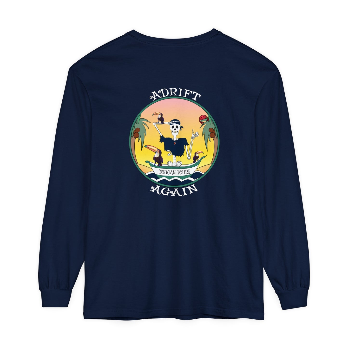 Toucan Tours Unisex Garment-dyed Long Sleeve T-Shirt, True Navy, Light Green & Black