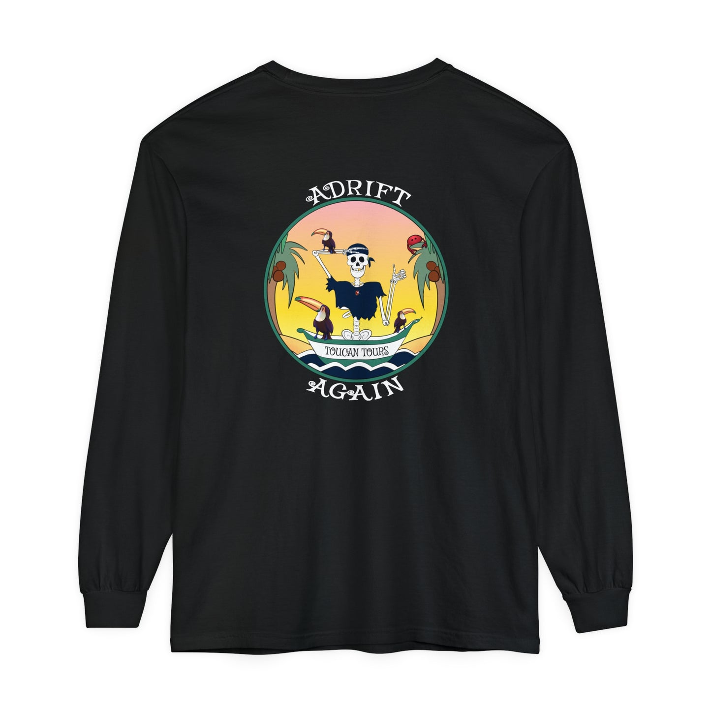 Toucan Tours Unisex Garment-dyed Long Sleeve T-Shirt, True Navy, Light Green & Black