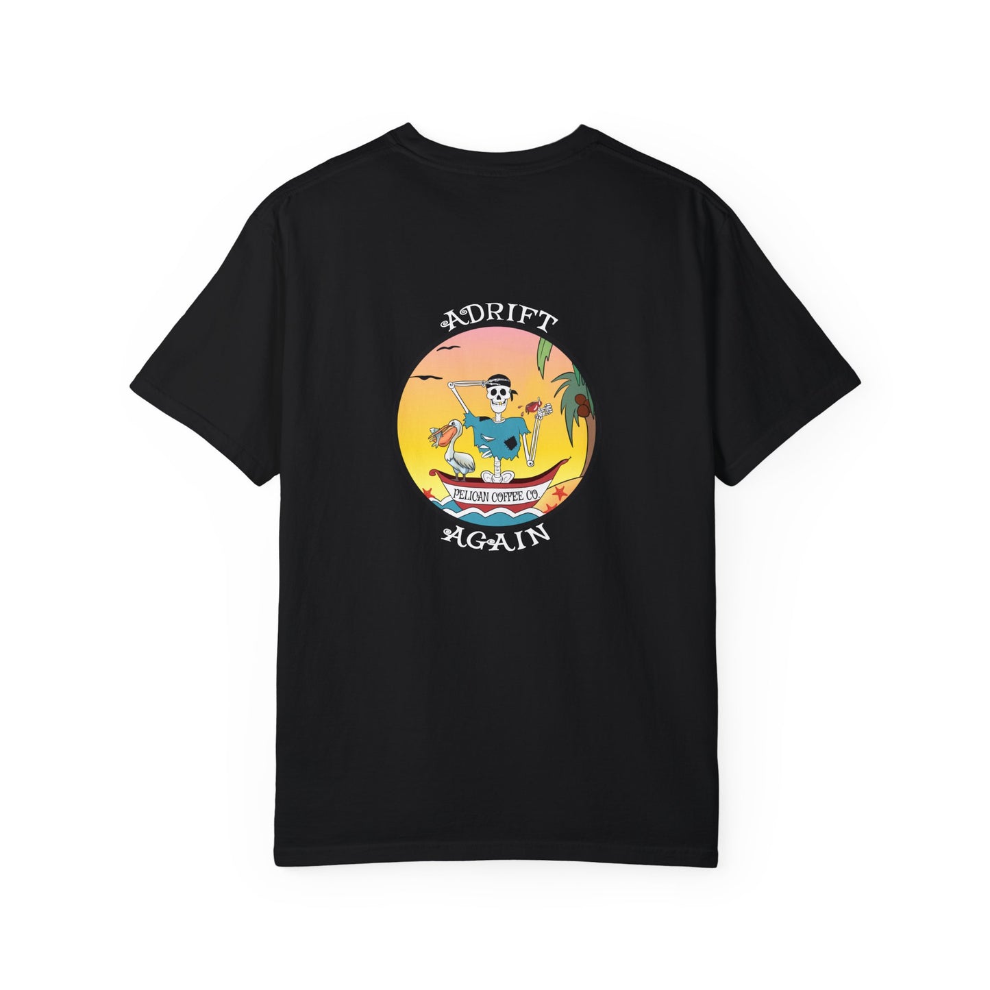 Pelican Coffee Co., Unisex Garment-Dyed, Short Sleeve T-shirt, In Lagoon Blue, Black, Terracotta & White