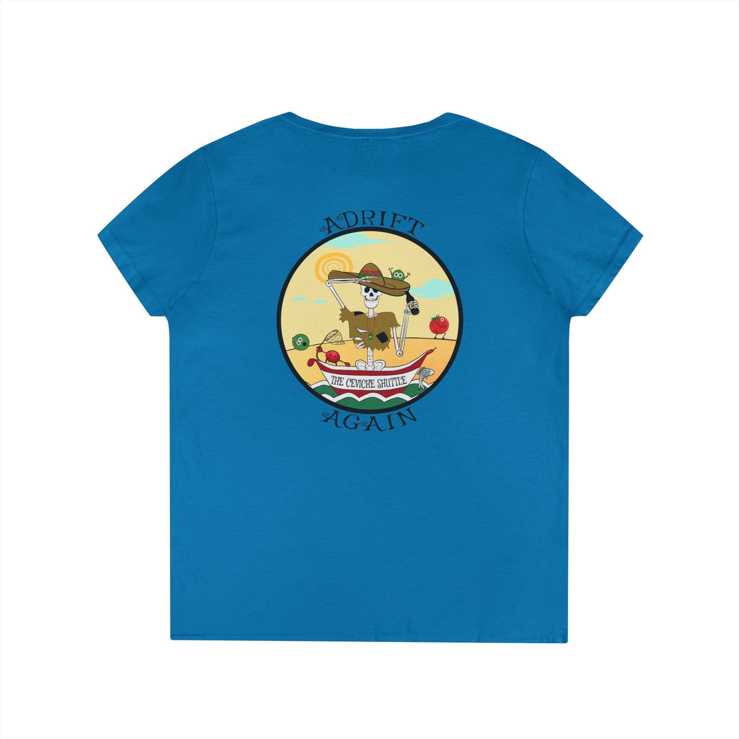 The Ceviche Shuttle, Women's V-Neck T-Shirt, in Sapphire, Red, Graphite Heather, White, Charcoal & Coral Silk