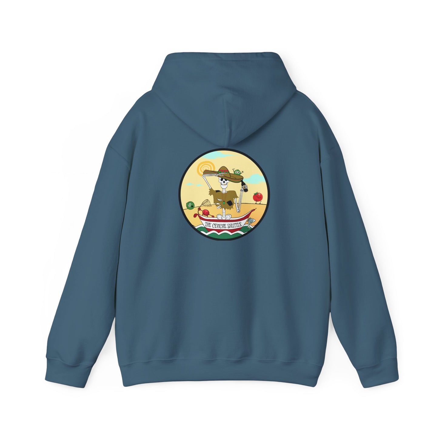 The Ceviche Shuttle, The Classic All Day Hooded Sweatshirt, In Military Green, Graphite Heather, Indigo Blue, Heather Sport Dark Navy, Antique Cherry Red, Safety Orange, Orange & Sand