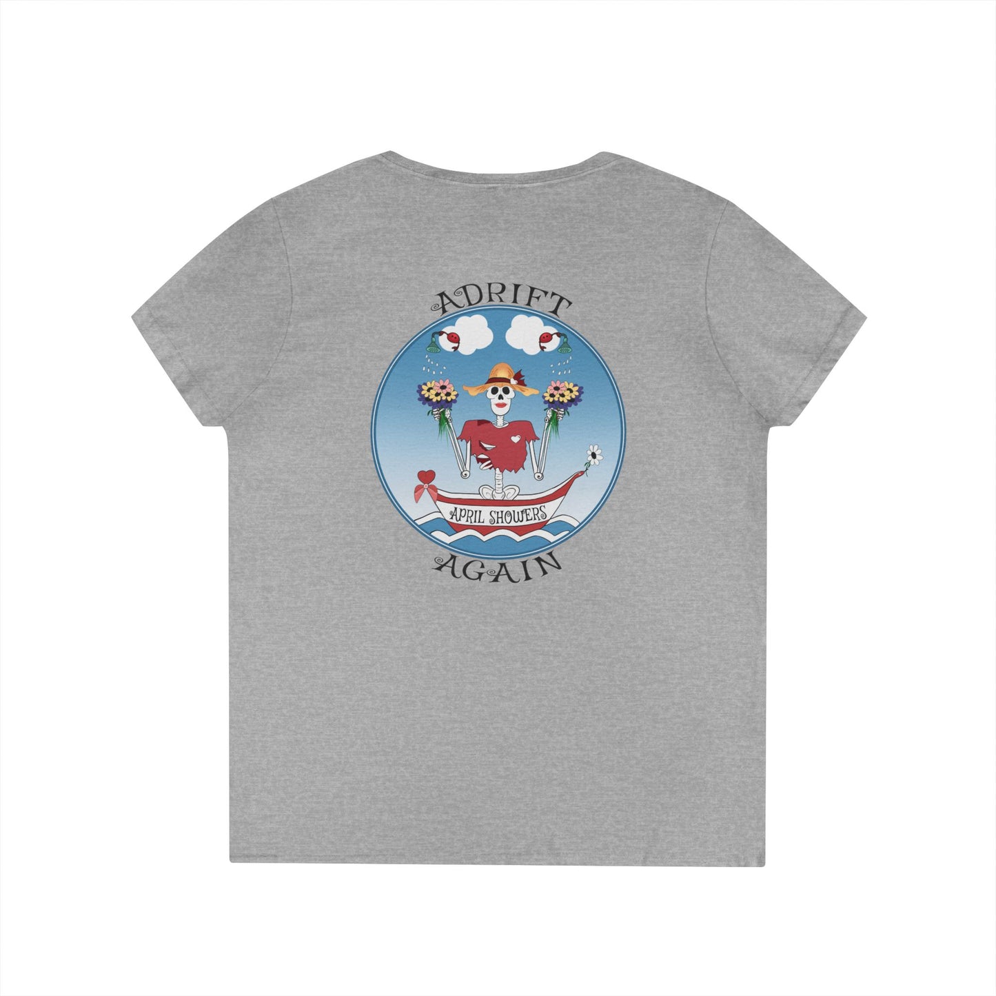 April Showers, Women's V-Neck T-Shirt, in Sport Grey, Azalea & White