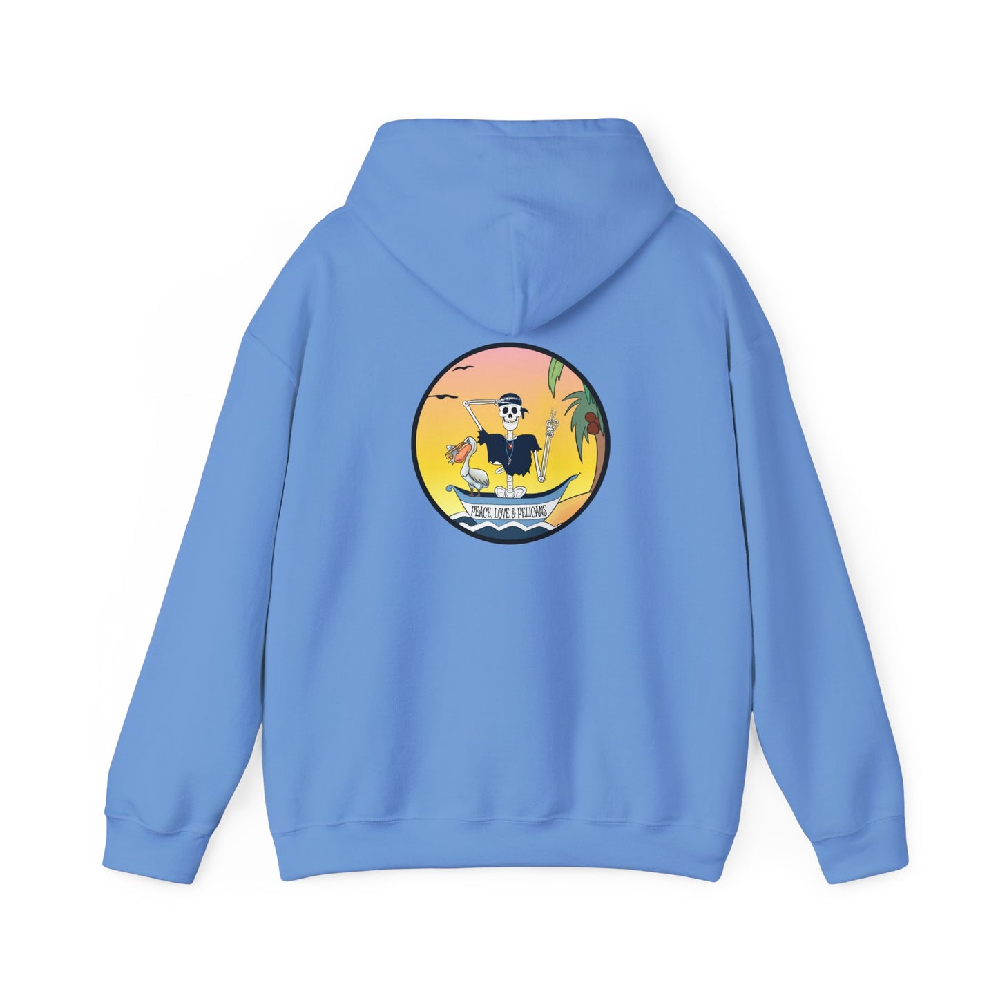 Peace, Love & Pelicans, The Classic All Day Hooded Sweatshirt, Carolina Blue, Sand, Black, White, and Navy