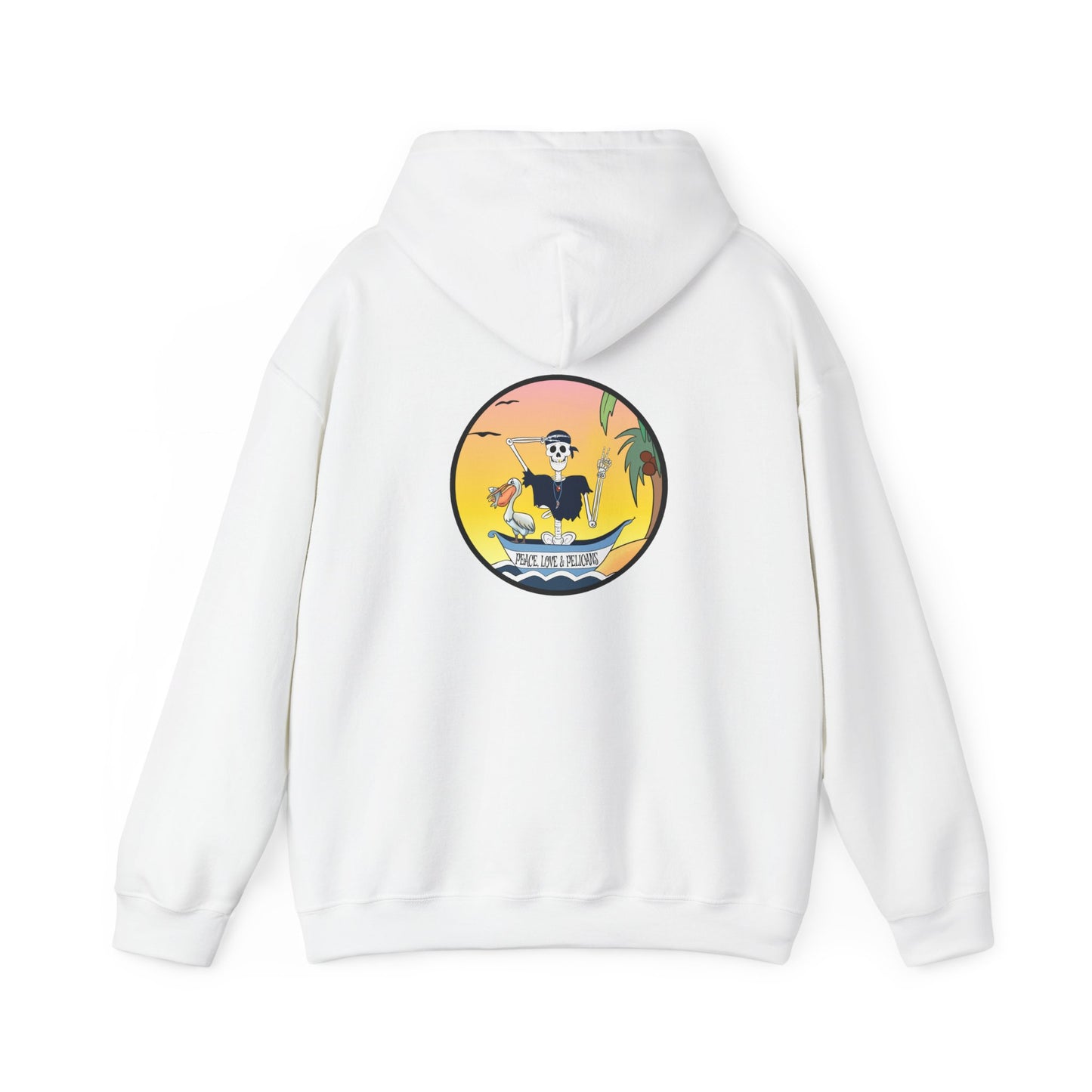 Peace, Love & Pelicans, The Classic All Day Hooded Sweatshirt, Carolina Blue, Sand, Black, White, and Navy
