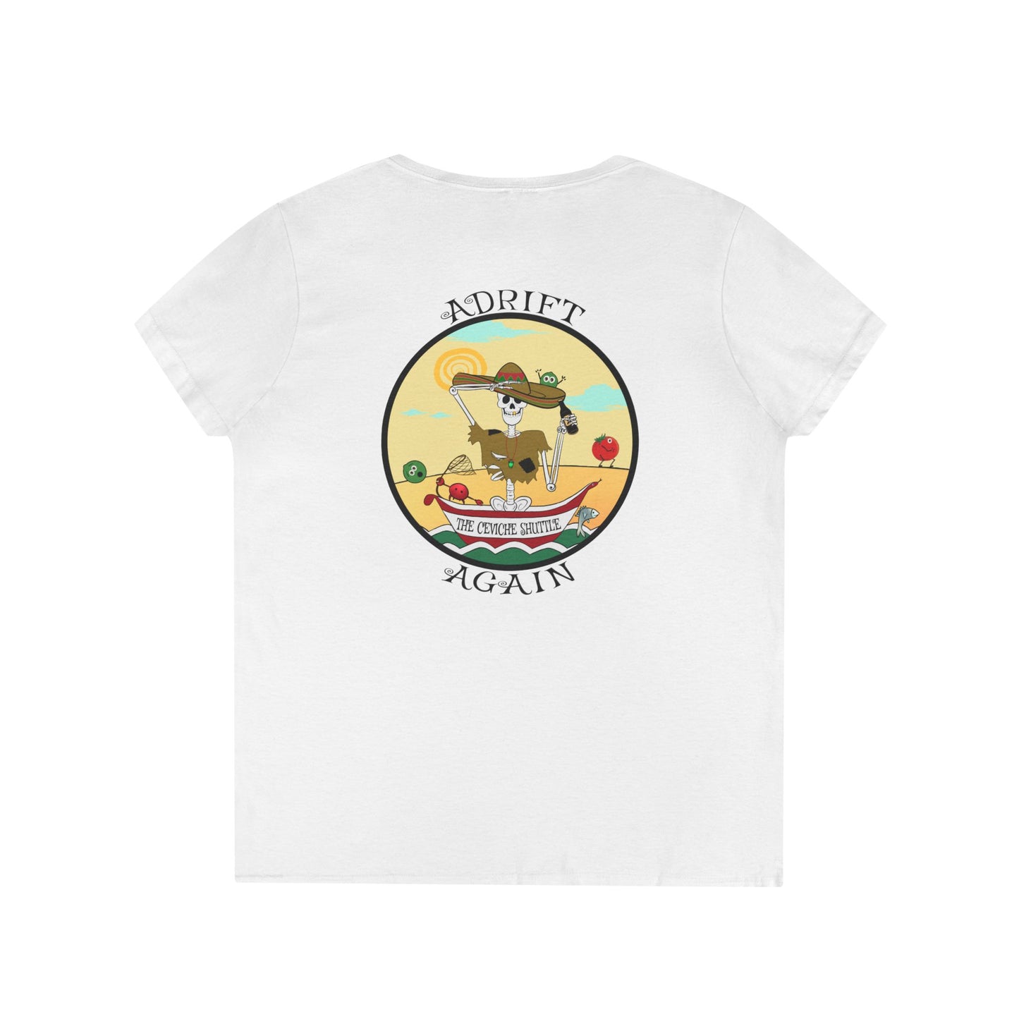 The Ceviche Shuttle, Women's V-Neck T-Shirt, in Sapphire, Red, Graphite Heather, White, Charcoal & Coral Silk