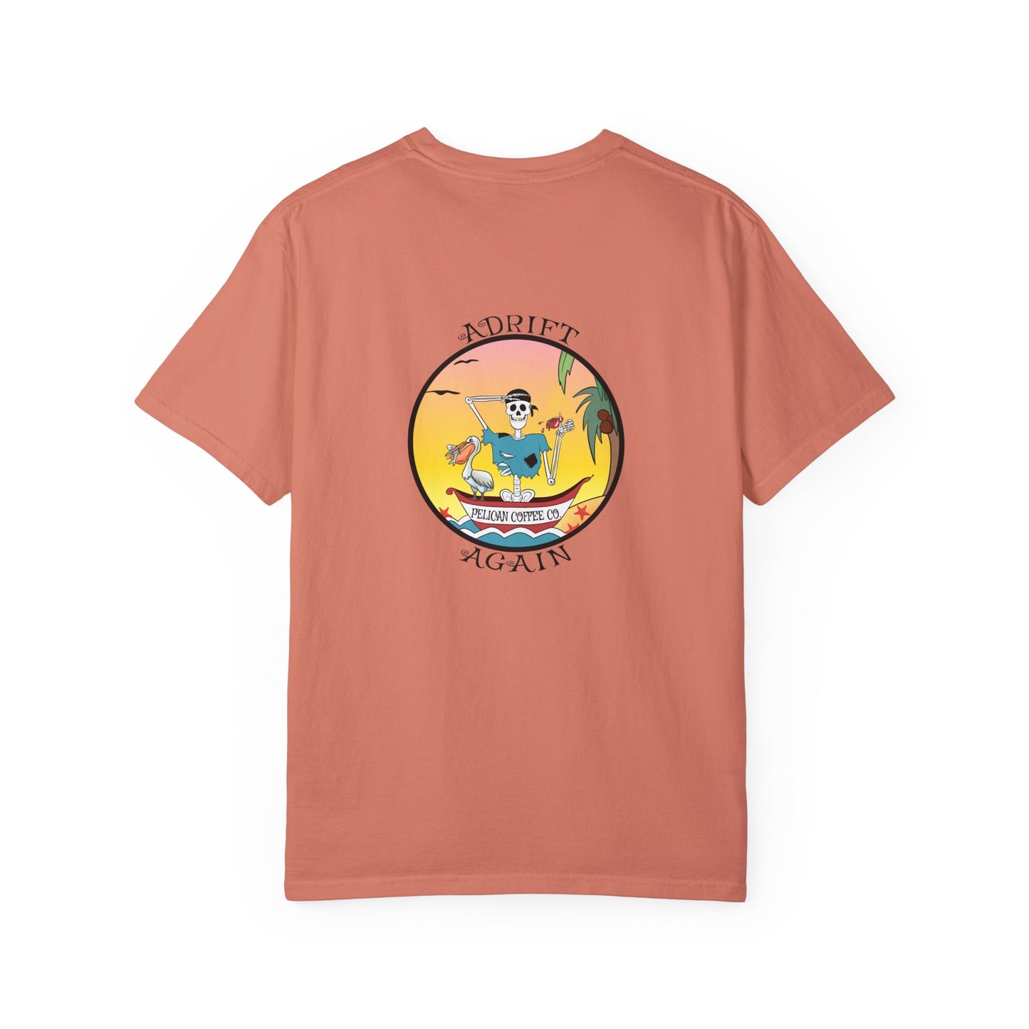 Pelican Coffee Co., Unisex Garment-Dyed, Short Sleeve T-shirt, In Lagoon Blue, Black, Terracotta & White