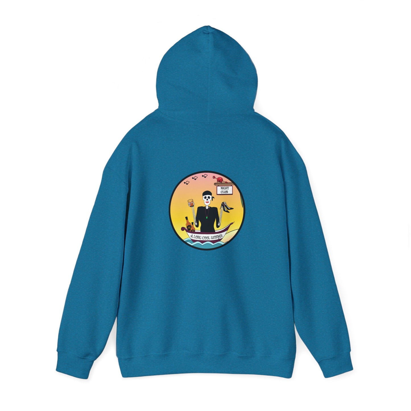 A Long Cool Woman, The Classic All Day Hooded Sweatshirt, Safety Pink, Safety Orange, Antique Sapphire, Cherry Red, and Black