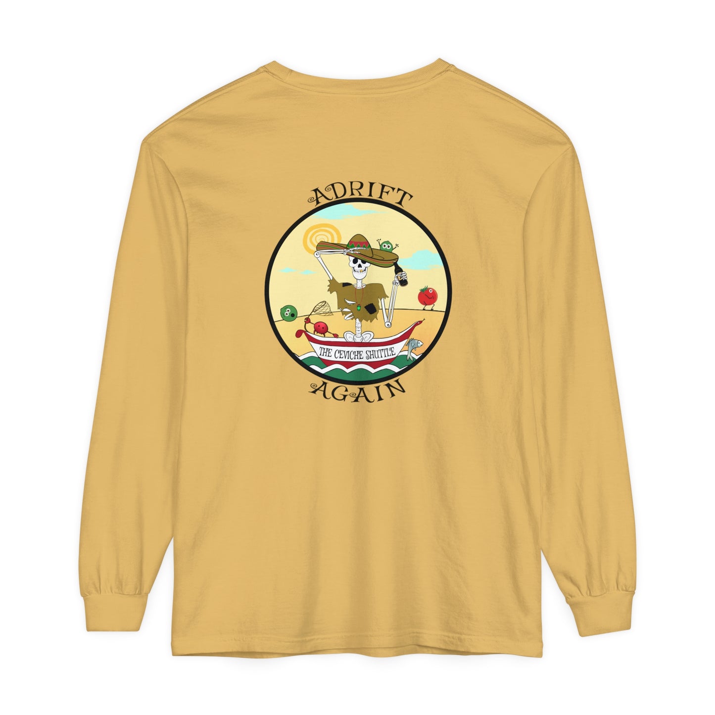 The Ceviche Shuttle Unisex Garment-dyed Long Sleeve T-Shirt, Mustard, Red & Black