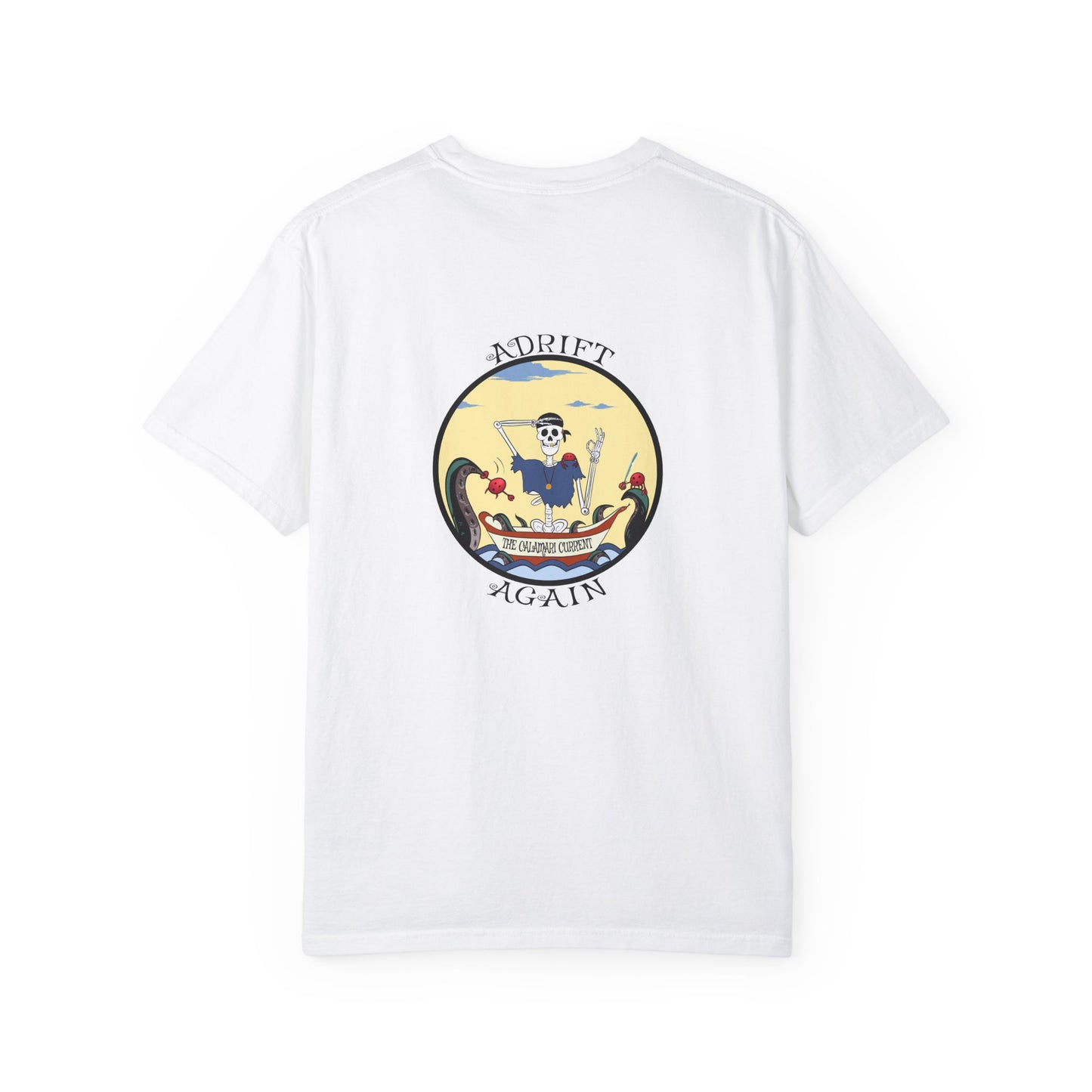 The Calamari Current, Unisex Garment-Dyed, Short Sleeve T-shirt, In China Blue, Banana, Moss, Khaki, White & Black