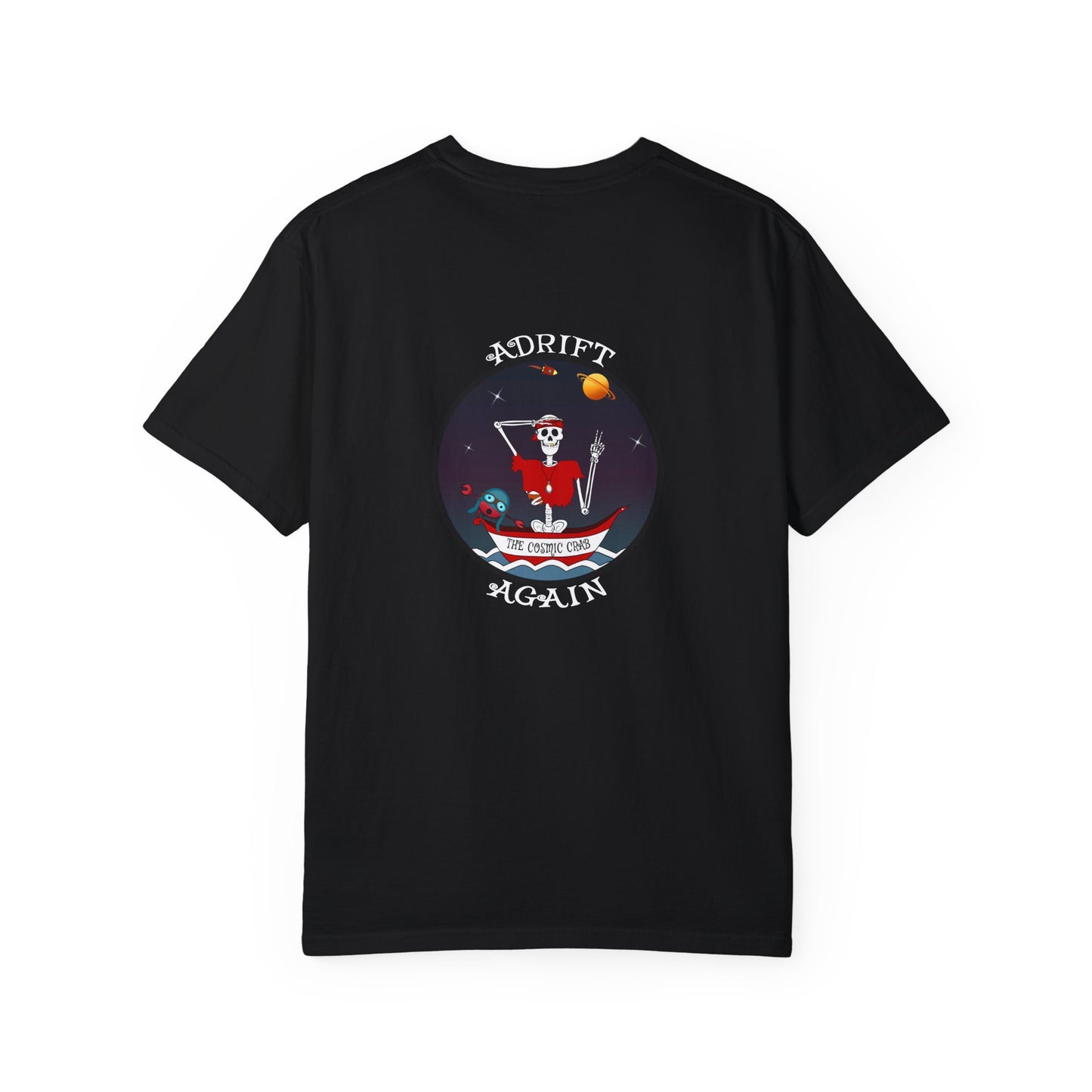 The Cosmic Crab, Unisex Garment-Dyed, Short Sleeve T-shirt, In Blue Jean, Black, Red, Citrus & White