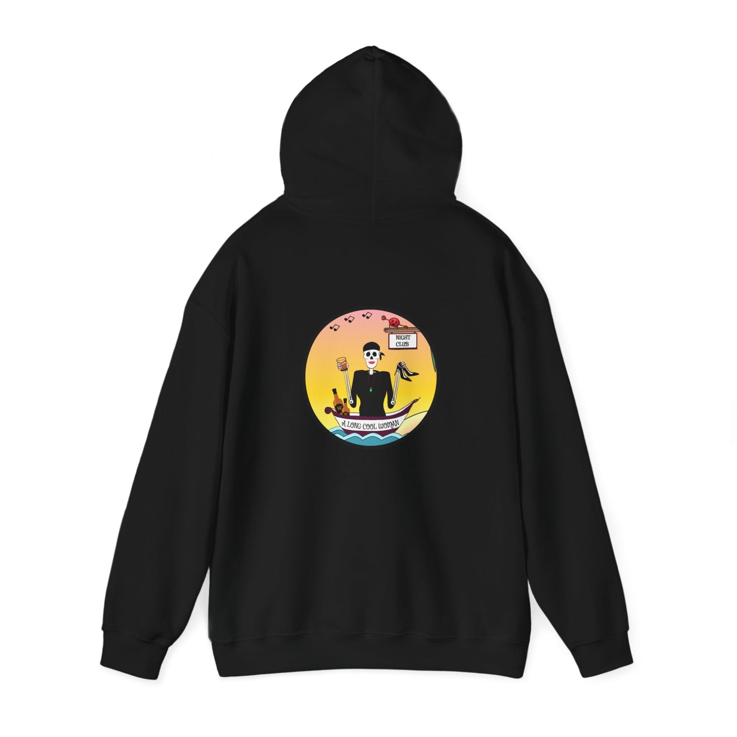 A Long Cool Woman, The Classic All Day Hooded Sweatshirt, Safety Pink, Safety Orange, Antique Sapphire, Cherry Red, and Black