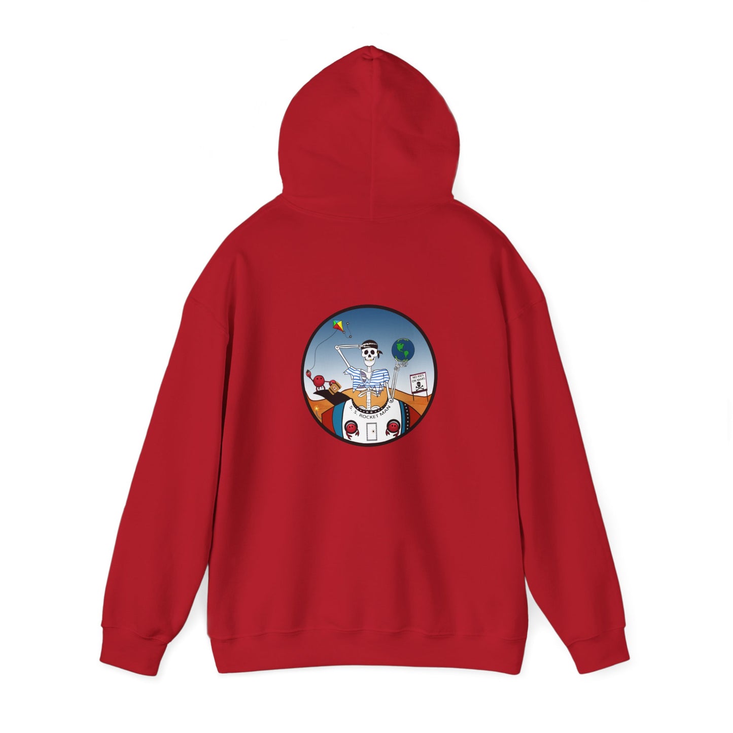 S. S. Rocket Man, The Classic All Day Hooded Sweatshirt, Safety Orange, Charry Red, Irish Green, and Light Blue