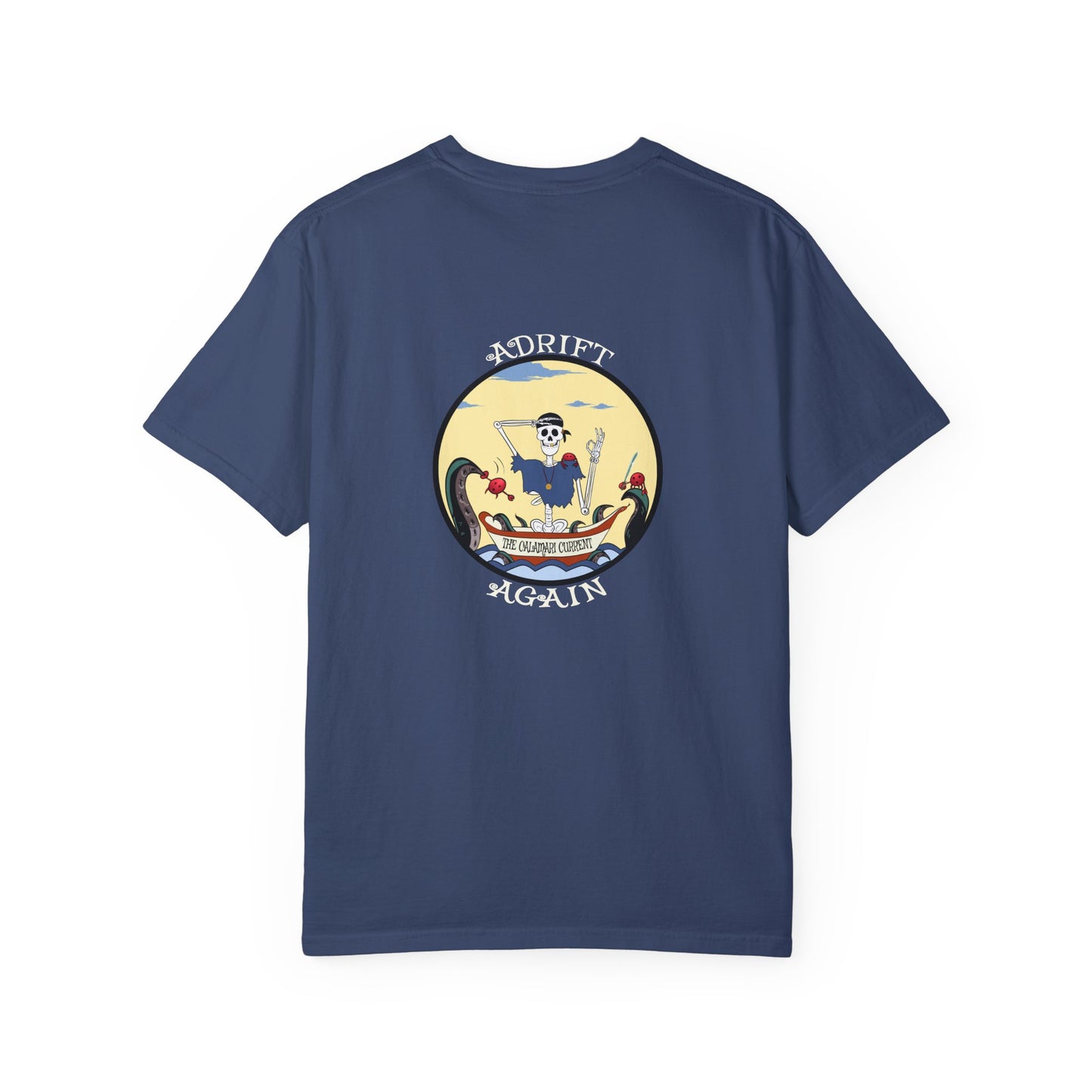The Calamari Current, Unisex Garment-Dyed, Short Sleeve T-shirt, In China Blue, Banana, Moss, Khaki, White & Black
