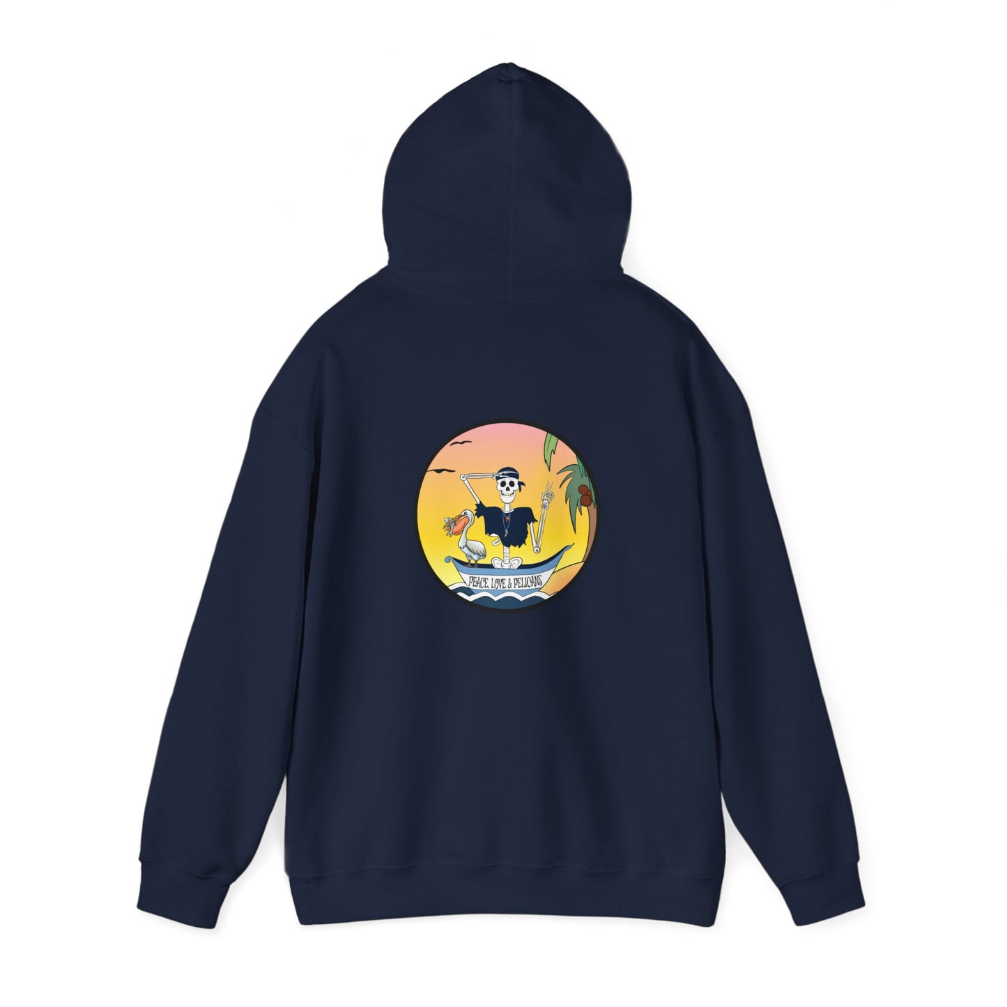 Peace, Love & Pelicans, The Classic All Day Hooded Sweatshirt, Carolina Blue, Sand, Black, White, and Navy