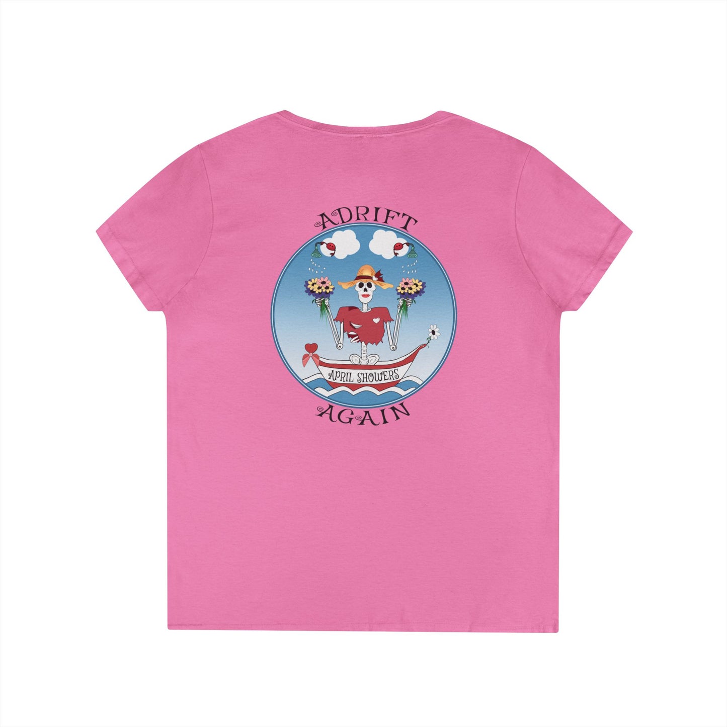 April Showers, Women's V-Neck T-Shirt, in Sport Grey, Azalea & White