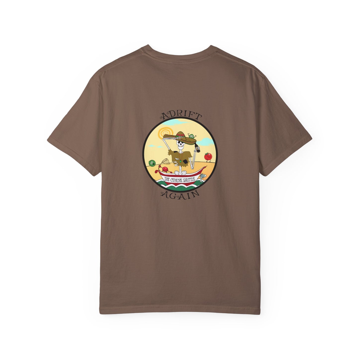 The Ceviche Shuttle, Unisex Garment-Dyed, Short Sleeve T-shirt, In Red, Espresso, Light Green, White & Black