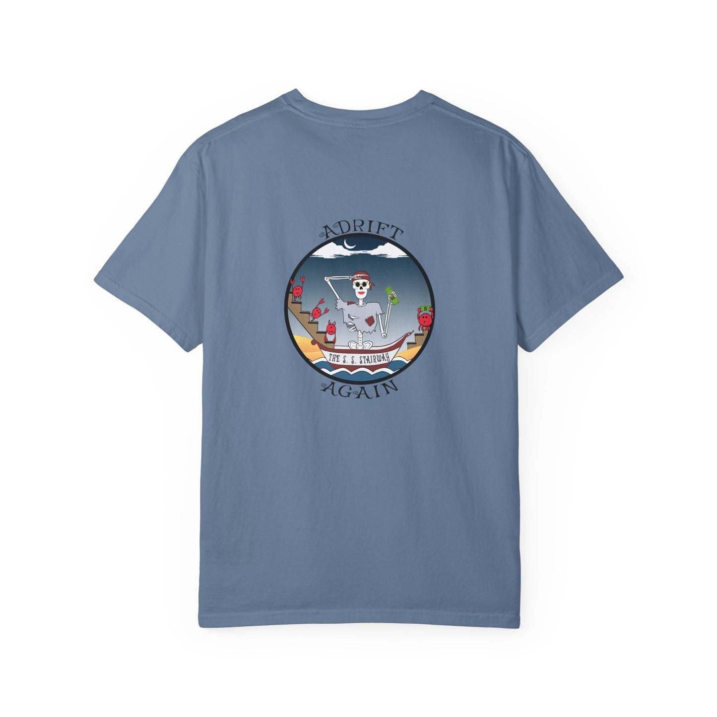 The S. S. Stairway, Unisex Garment-Dyed, Short Sleeve T-shirt, In Blue Jean, Black, Ice Blue, White & Midnight