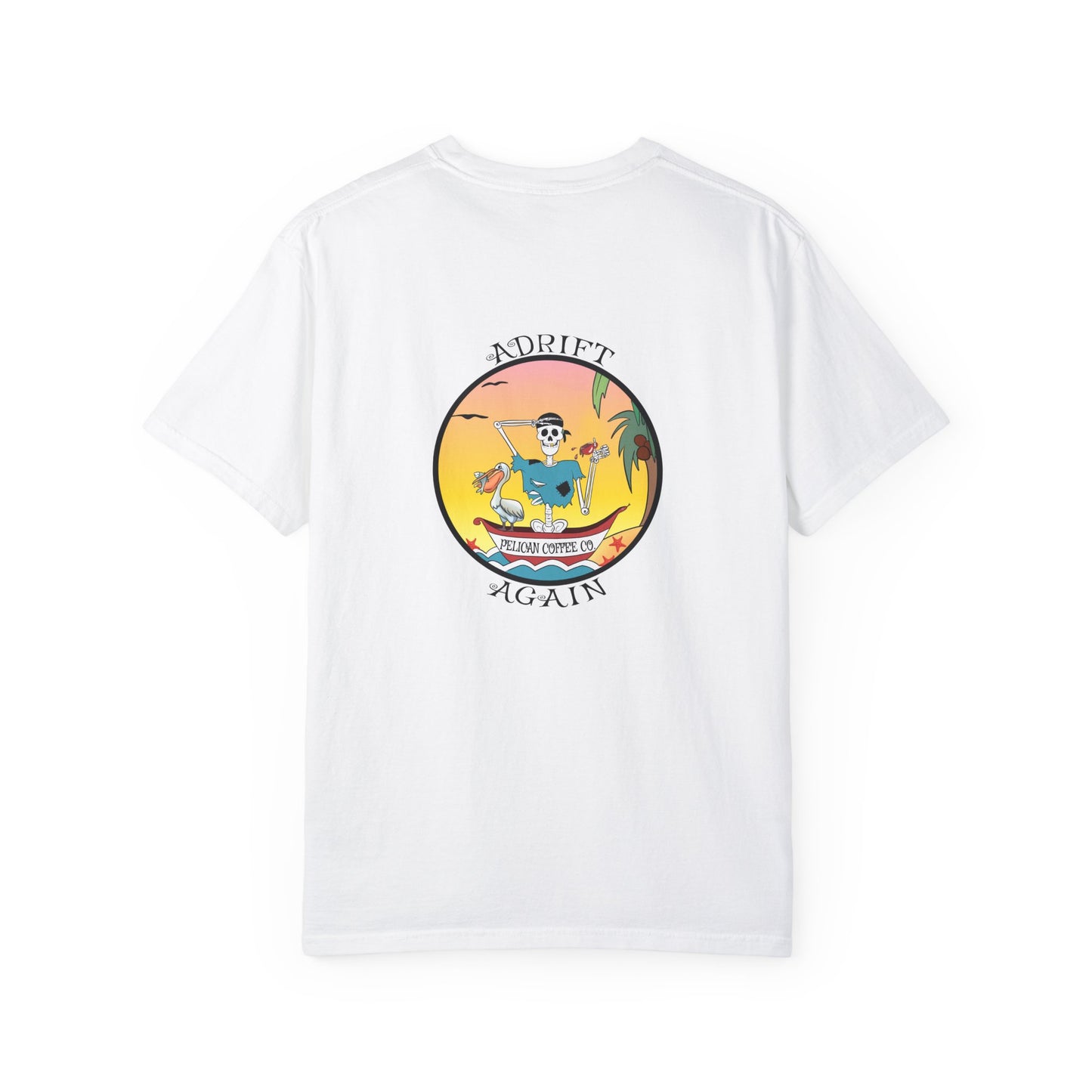 Pelican Coffee Co., Unisex Garment-Dyed, Short Sleeve T-shirt, In Lagoon Blue, Black, Terracotta & White
