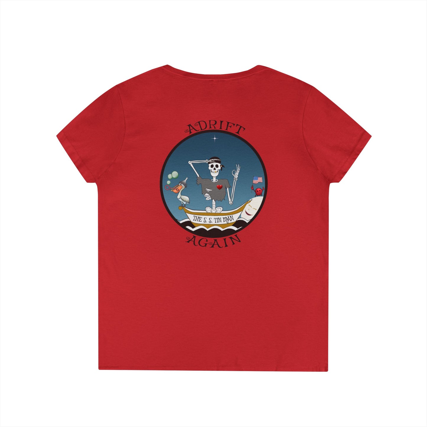 The S. S. Tin Man, Women's V-Neck T-Shirt, in White, Graphite Heather, Royal and Red