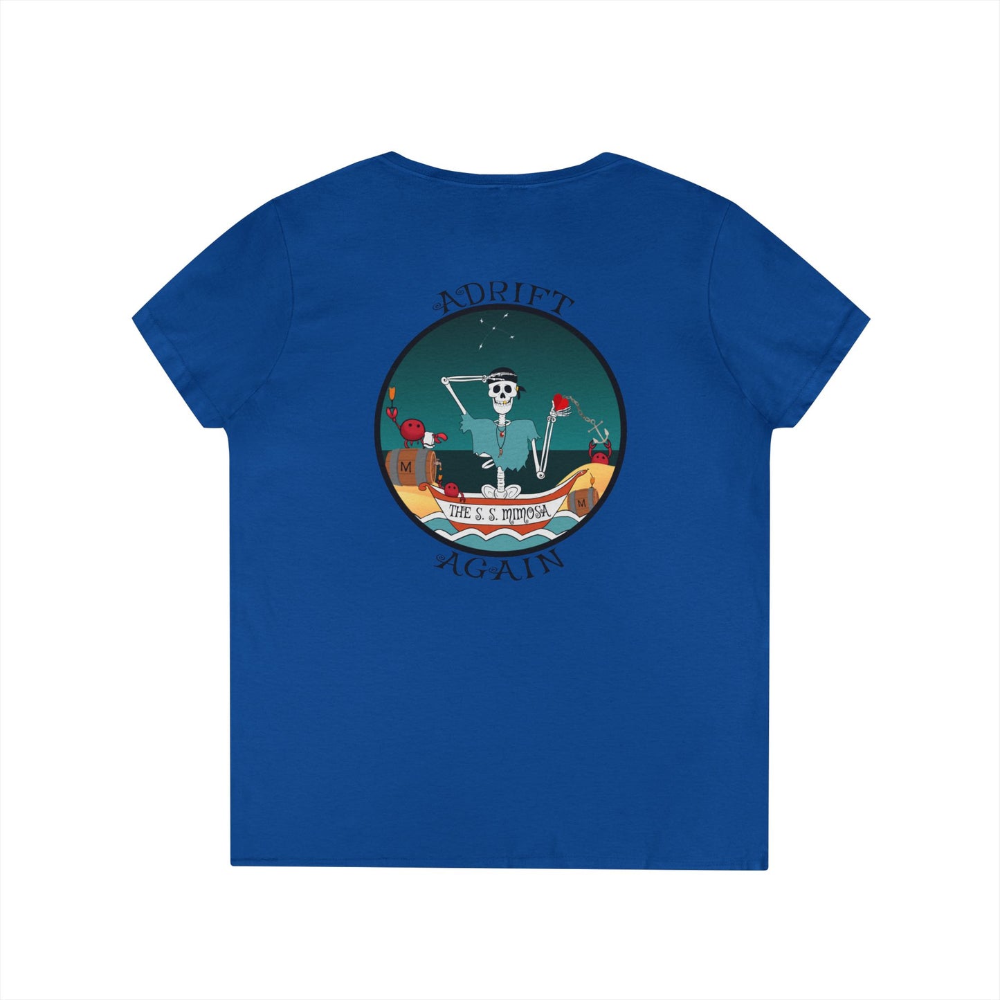 The S. S. Mimosa, Women's V-Neck T-Shirt, in Graphite Heather, White, Royal, and Red