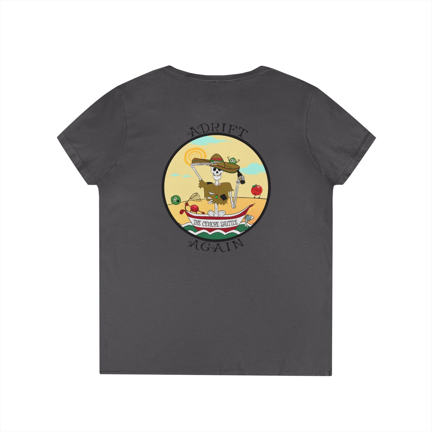 The Ceviche Shuttle, Women's V-Neck T-Shirt, in Sapphire, Red, Graphite Heather, White, Charcoal & Coral Silk