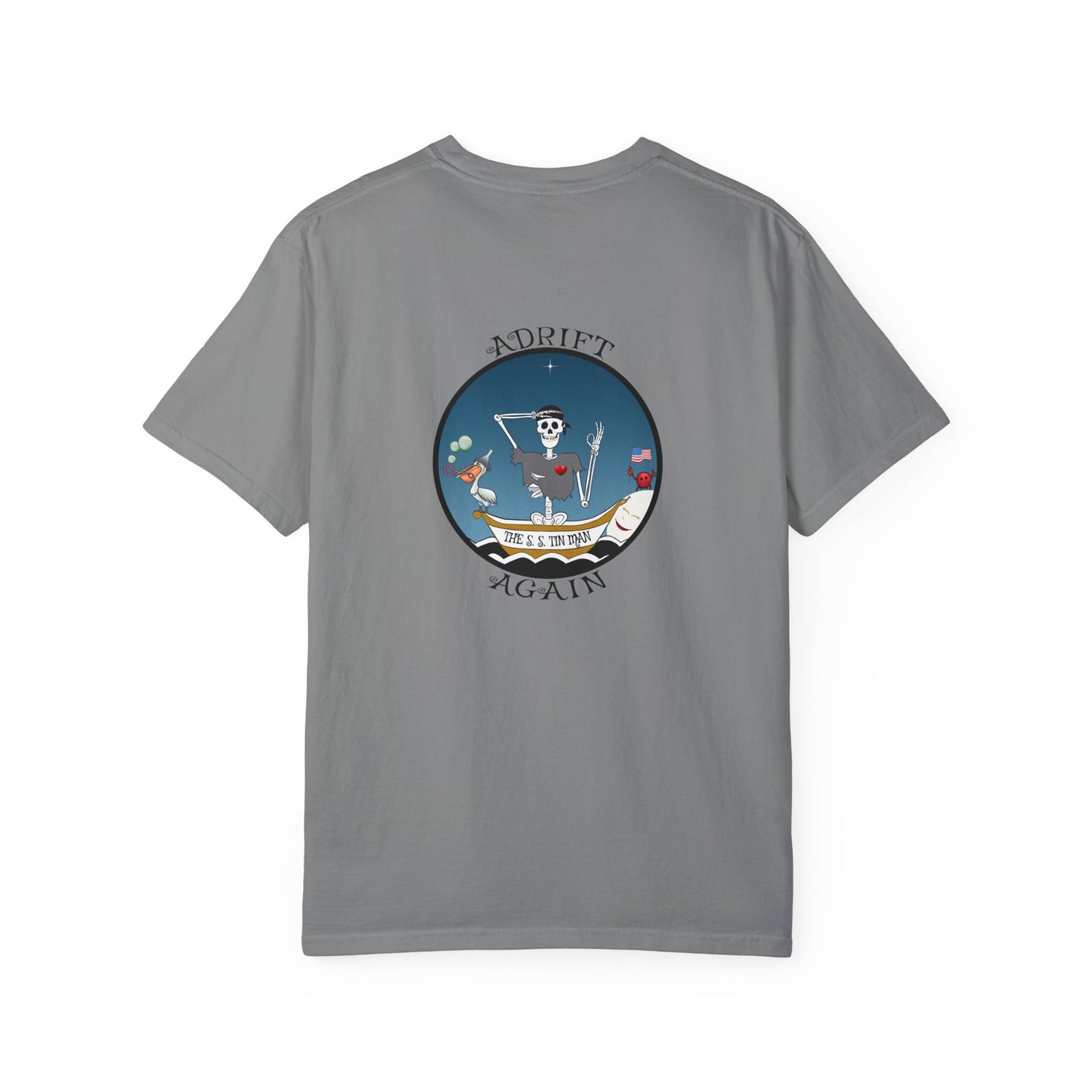 The S. S. Tin Man, Unisex Garment-Dyed, Short Sleeve T-shirt, In Mustard, Granite, White, Ice Blue and Black
