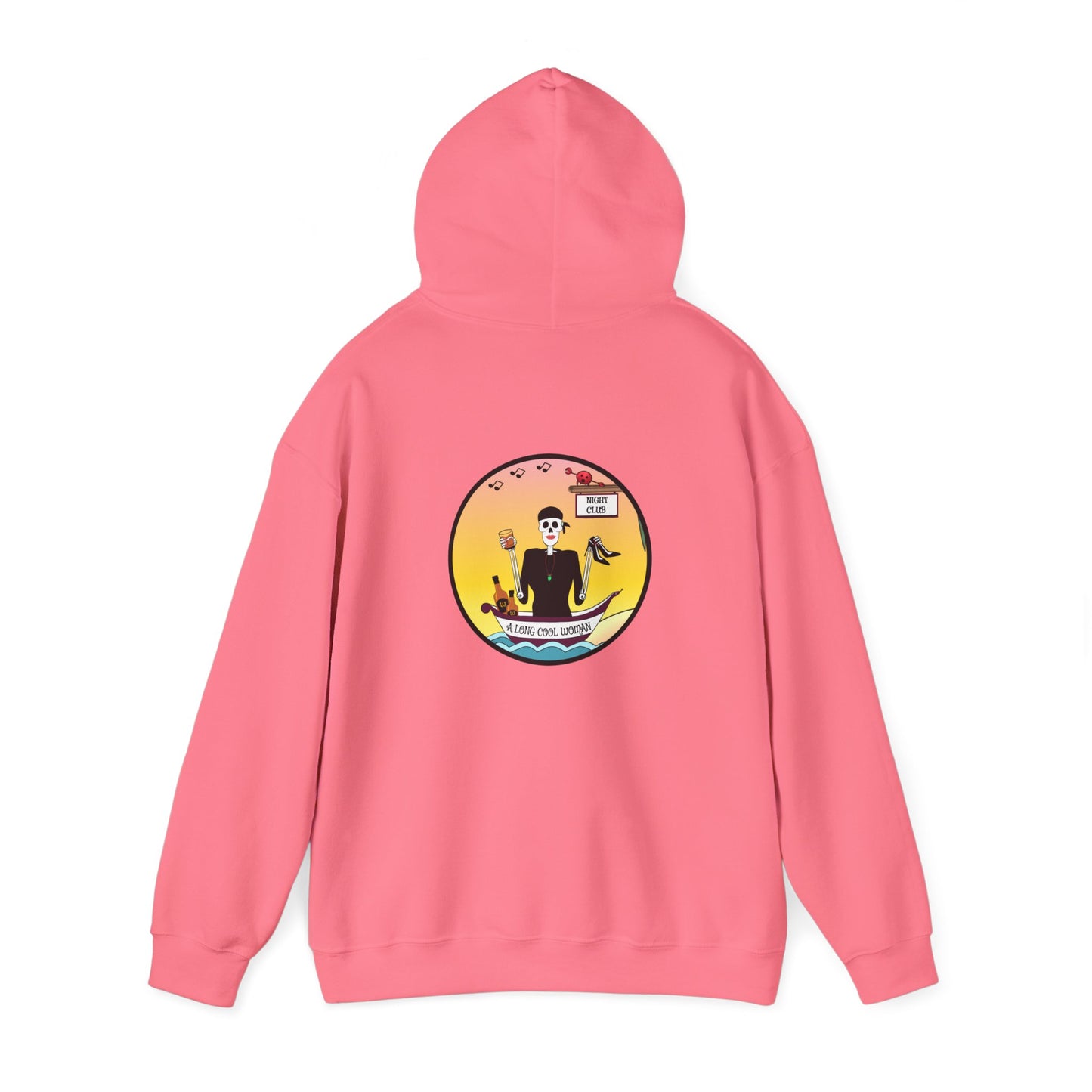 A Long Cool Woman, The Classic All Day Hooded Sweatshirt, Safety Pink, Safety Orange, Antique Sapphire, Cherry Red, and Black
