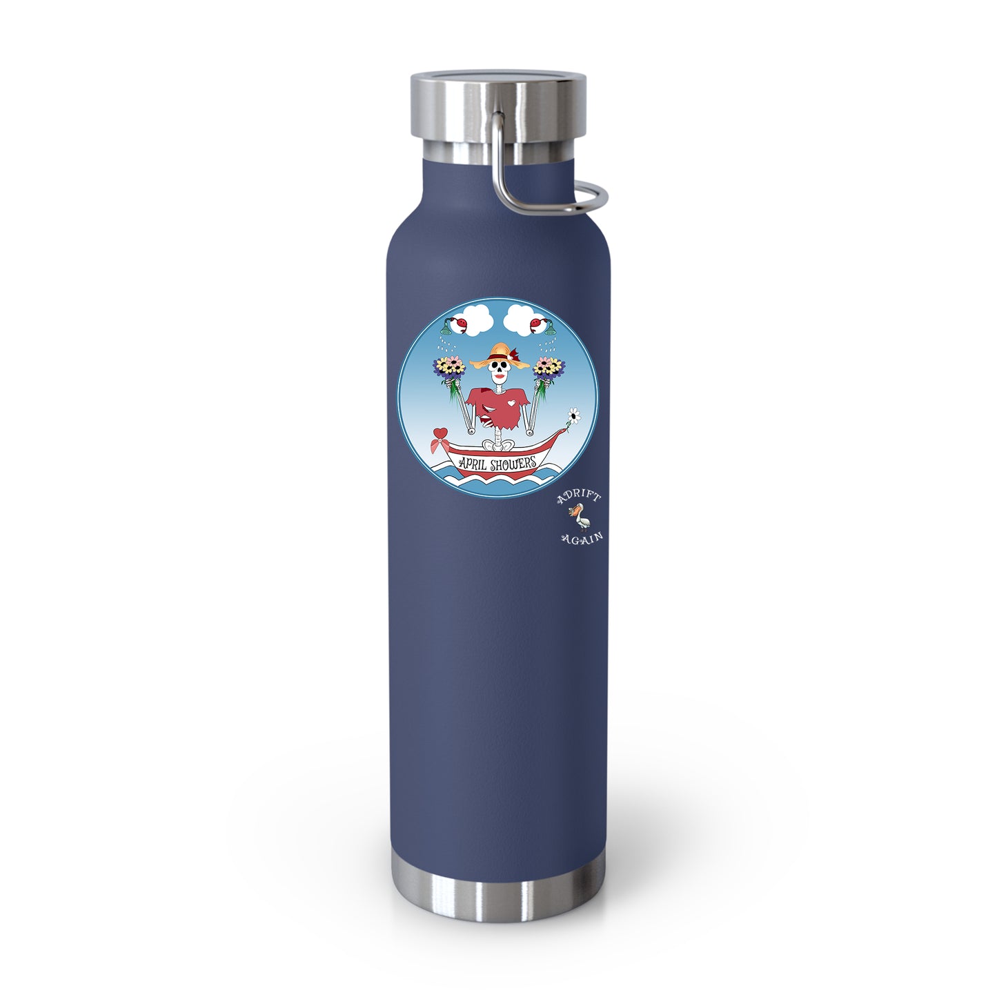 April Showers 22 oz Water Bottle, Dual Wall, Stainless Steel, In Light Blue, Midnight Plum, or White avy, Black or White