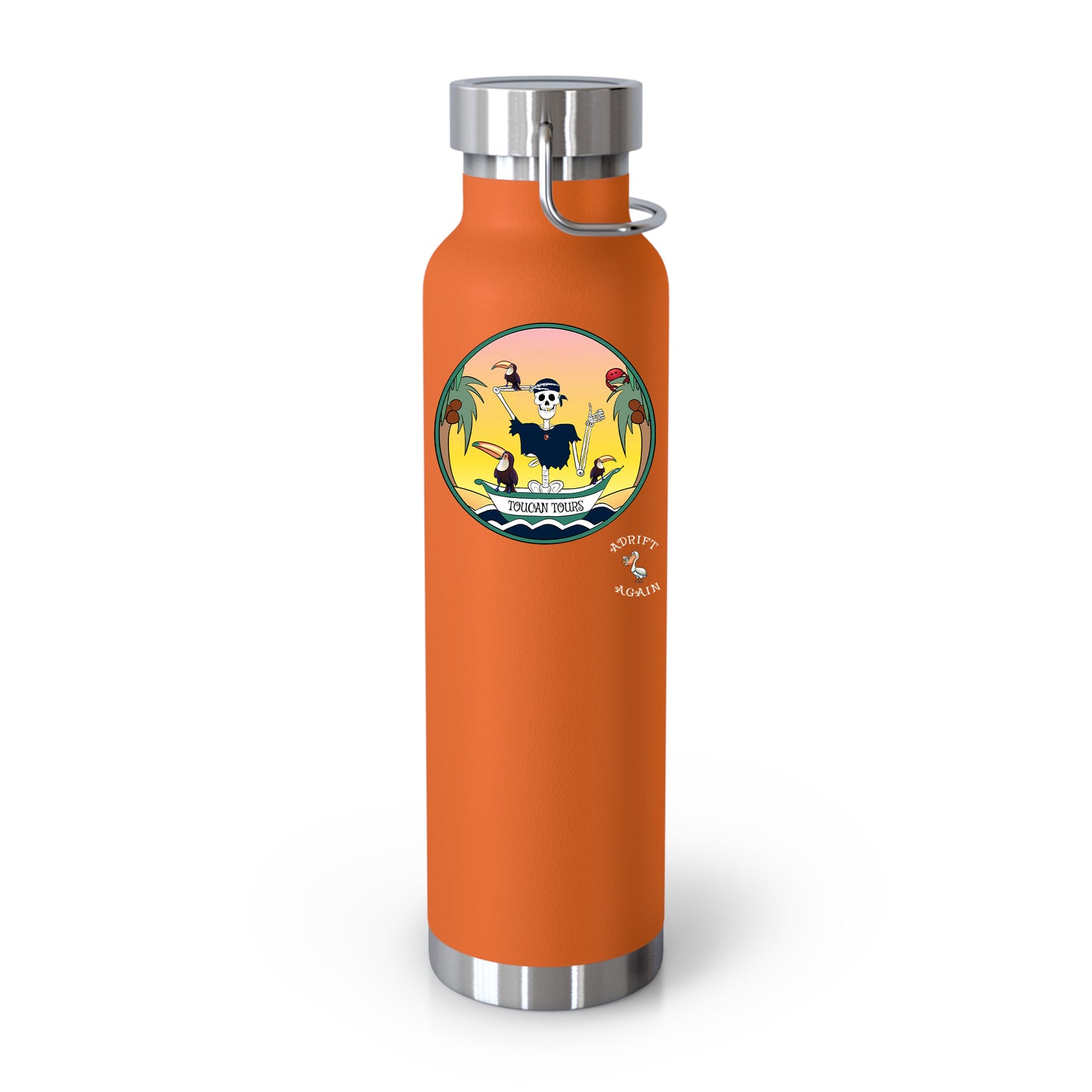 Toucan Tours 22 oz Water Bottle, Dual Wall, Stainless Steel, In Orange, Black, or White