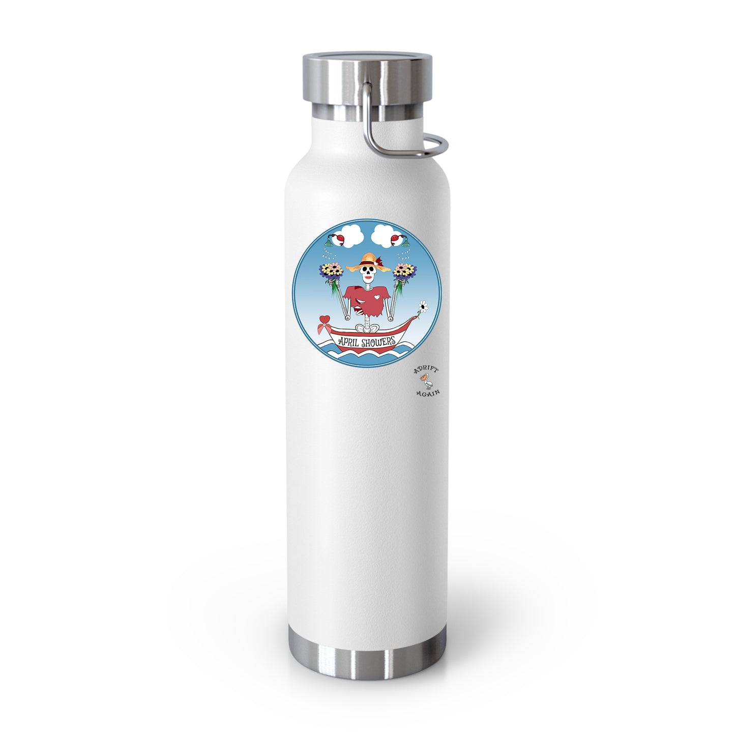 April Showers 22 oz Water Bottle, Dual Wall, Stainless Steel, In Light Blue, Midnight Plum, or White avy, Black or White