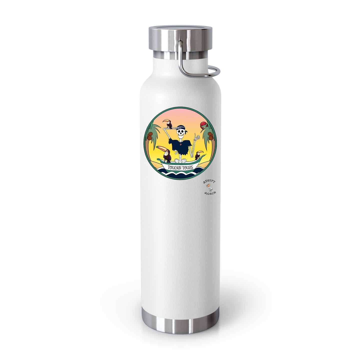 Toucan Tours 22 oz Water Bottle, Dual Wall, Stainless Steel, In Orange, Black, or White