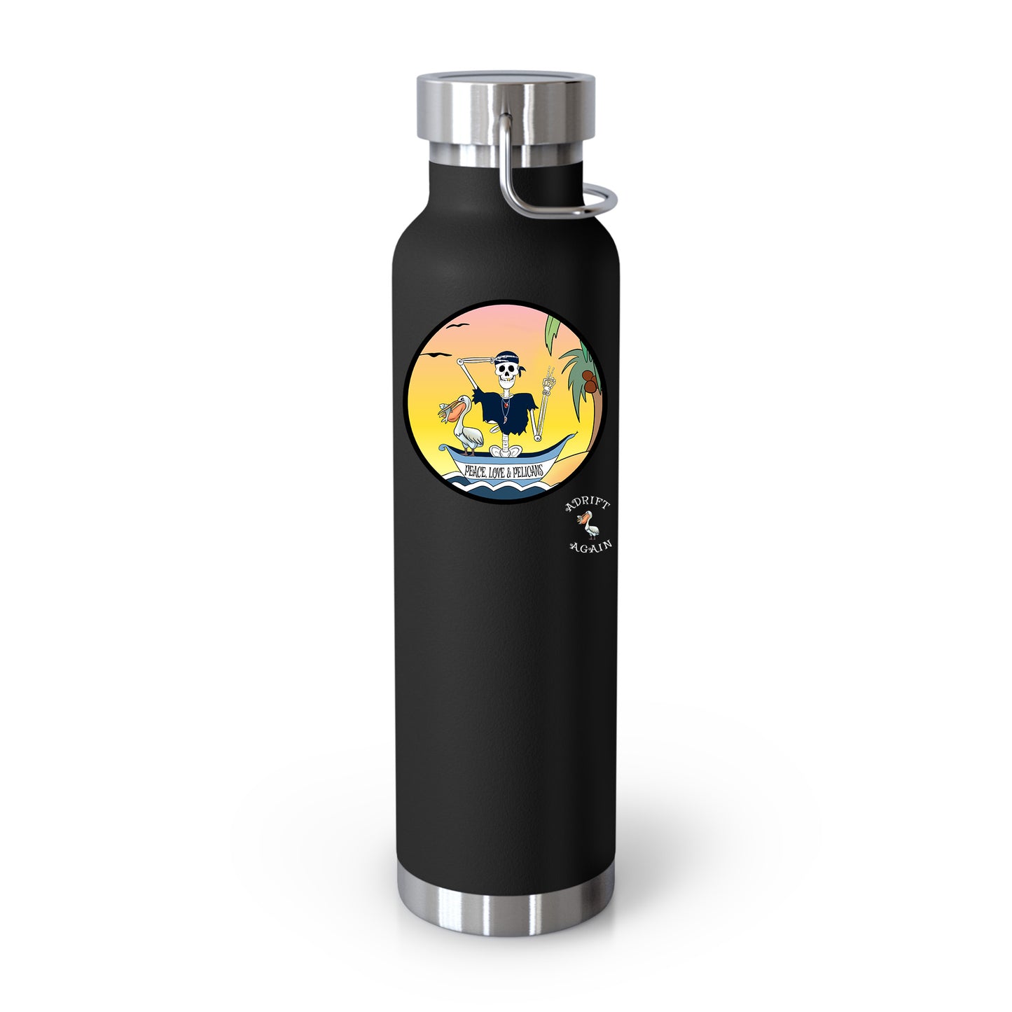 Peace, Love & Pelicans 22 oz Water Bottle, Dual Wall, Stainless Steel, In Light Blue, Black, White or Stainless