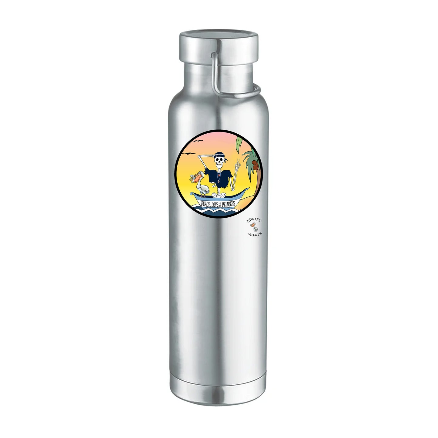Peace, Love & Pelicans 22 oz Water Bottle, Dual Wall, Stainless Steel, In Light Blue, Black, White or Stainless