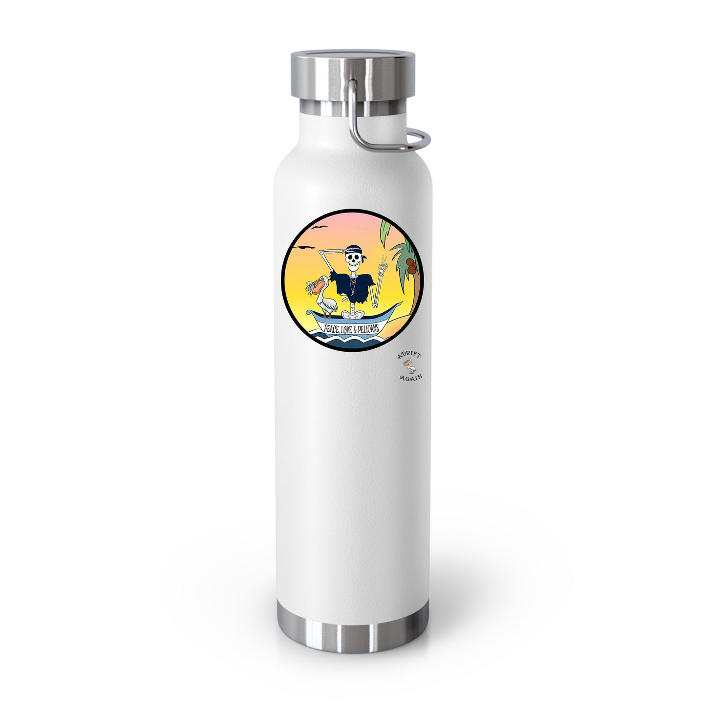 Peace, Love & Pelicans 22 oz Water Bottle, Dual Wall, Stainless Steel, In Light Blue, Black, White or Stainless