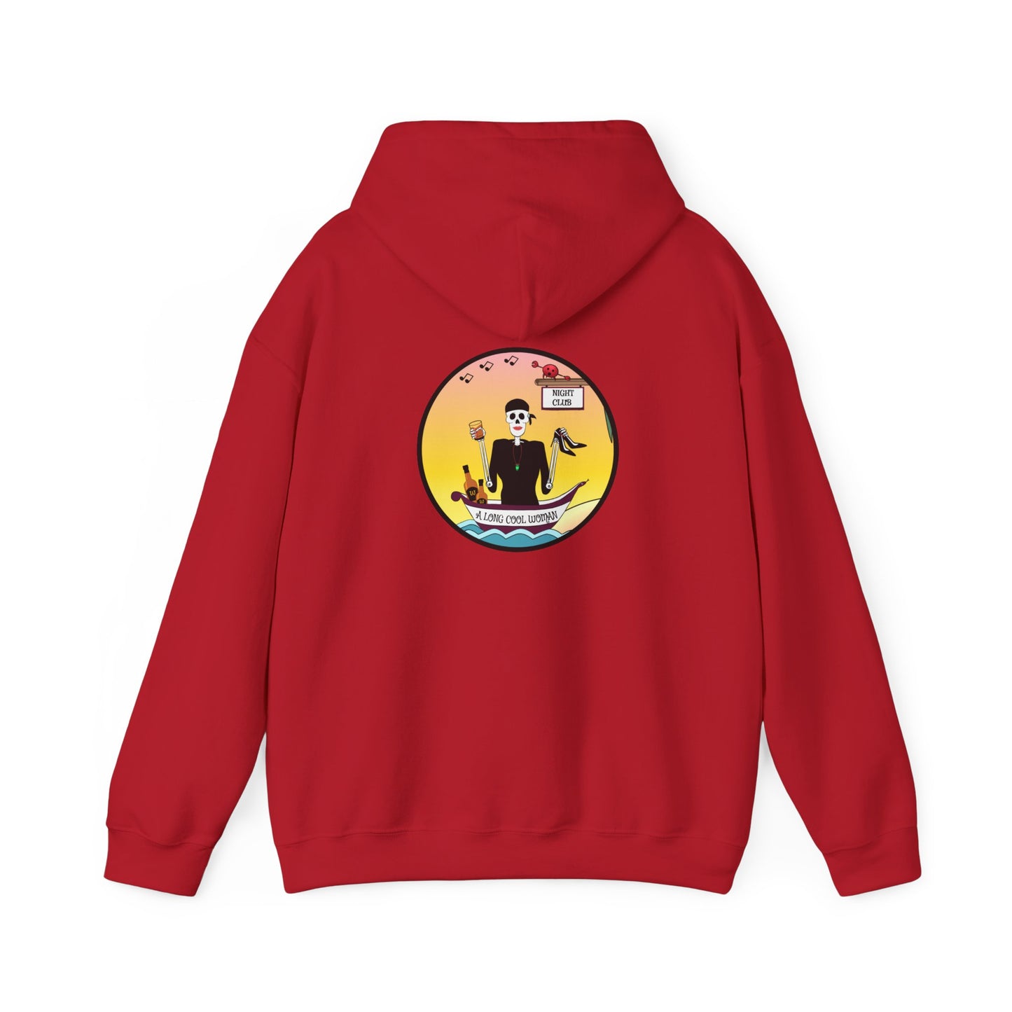 A Long Cool Woman, The Classic All Day Hooded Sweatshirt, Safety Pink, Safety Orange, Antique Sapphire, Cherry Red,  and Black