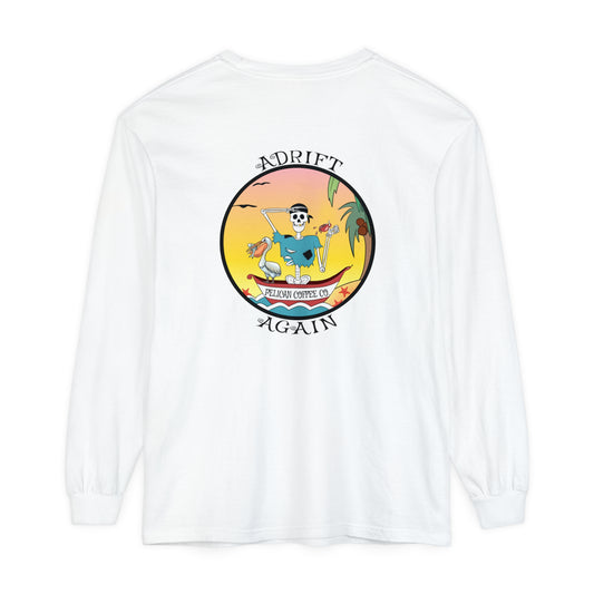 Pelican Coffee Co. Unisex Garment-dyed Long Sleeve T-Shirt, in White, Black & Mint