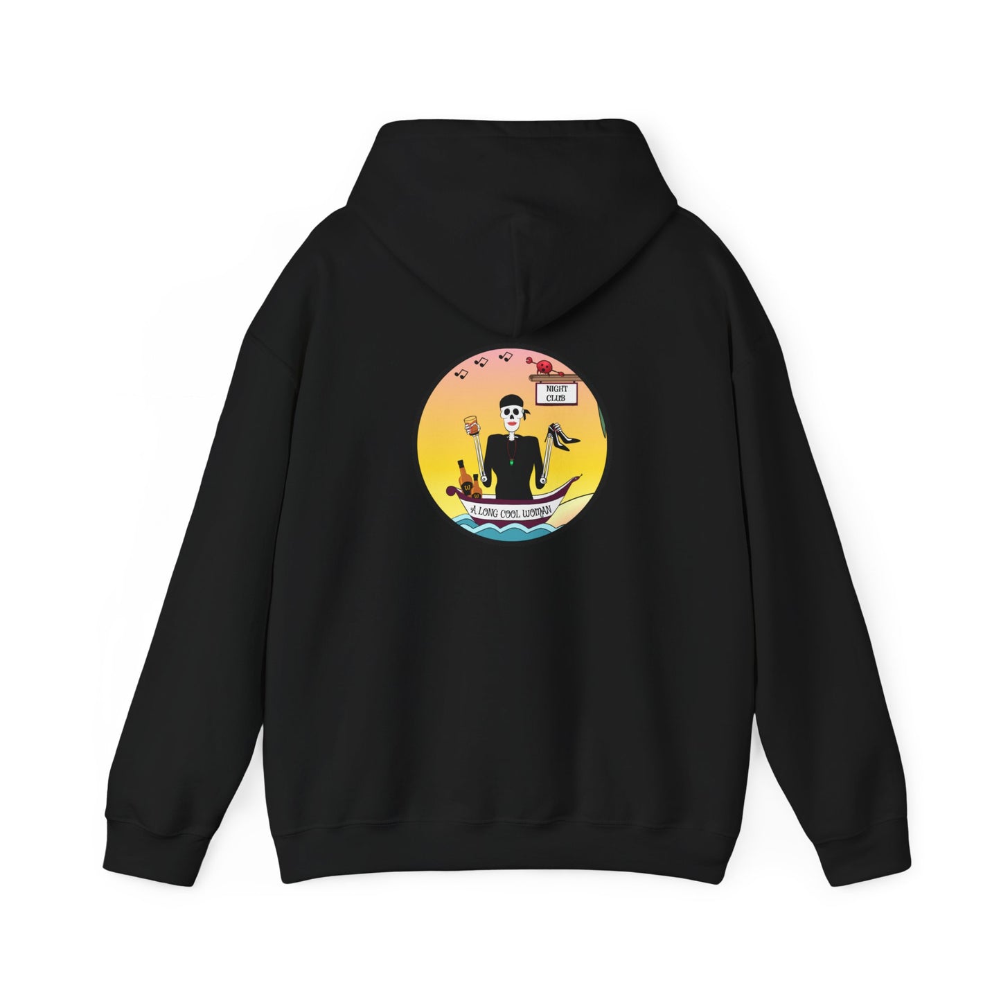 A Long Cool Woman, The Classic All Day Hooded Sweatshirt, Safety Pink, Safety Orange, Antique Sapphire, Cherry Red,  and Black