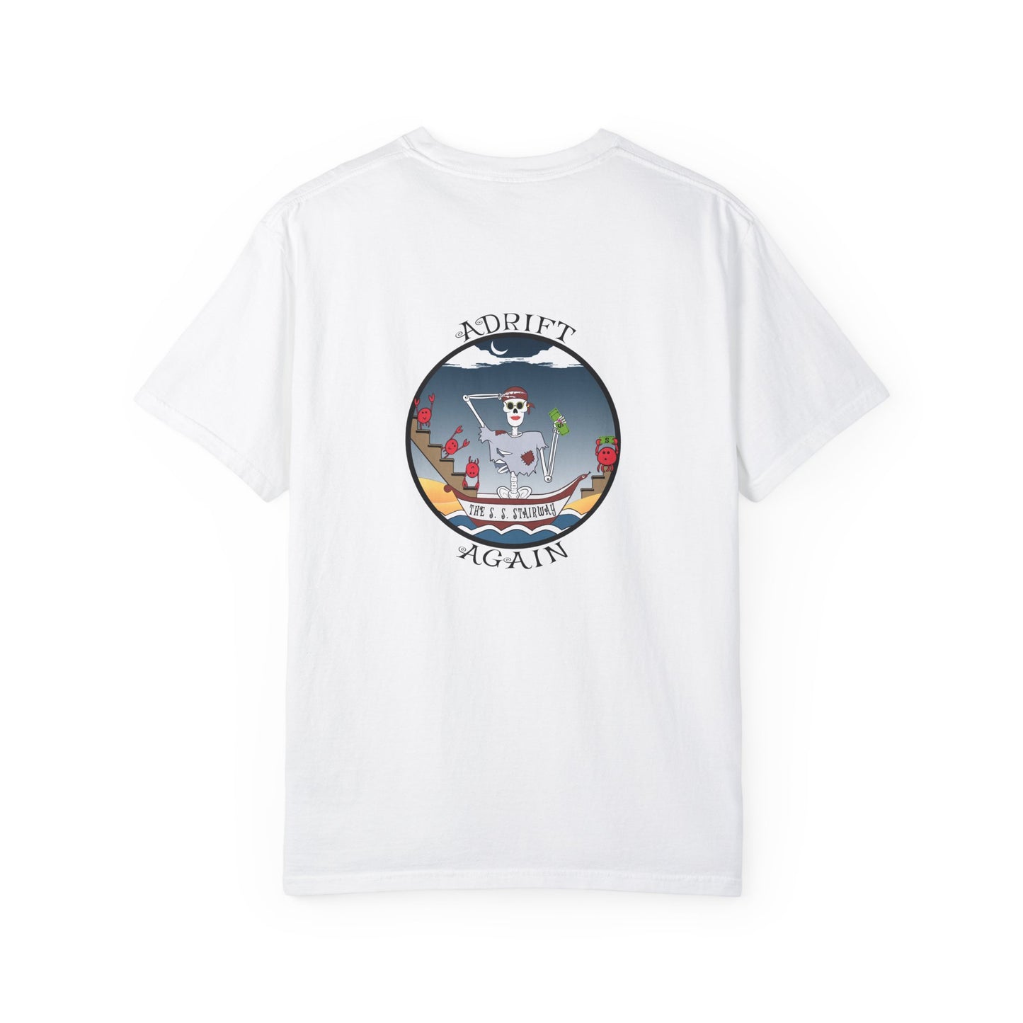 The S. S. Stairway, Unisex Garment-Dyed, Short Sleeve T-shirt, In White, Black, Blue Jean, Ice Blue & Midnight