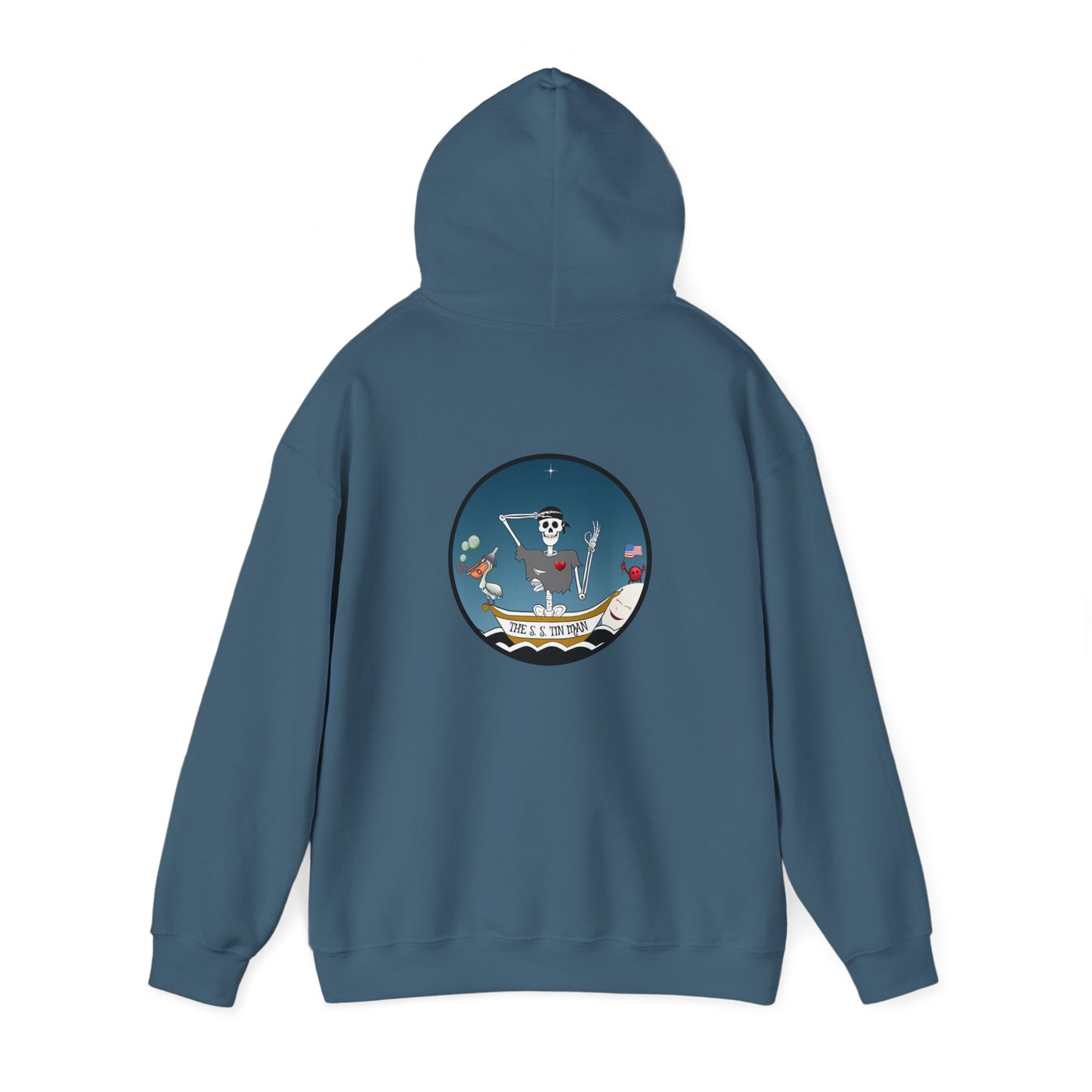 The S. S. Tin Man, The Classic All Day Hooded Sweatshirt, Graphite Heather, Indigo Blue, and Red