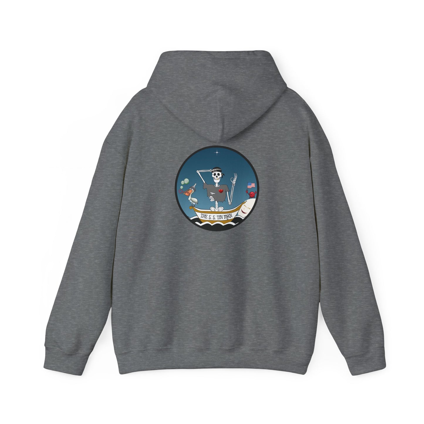 The S. S. Tin Man, The Classic All Day Hooded Sweatshirt, Graphite Heather, Indigo Blue, and Red