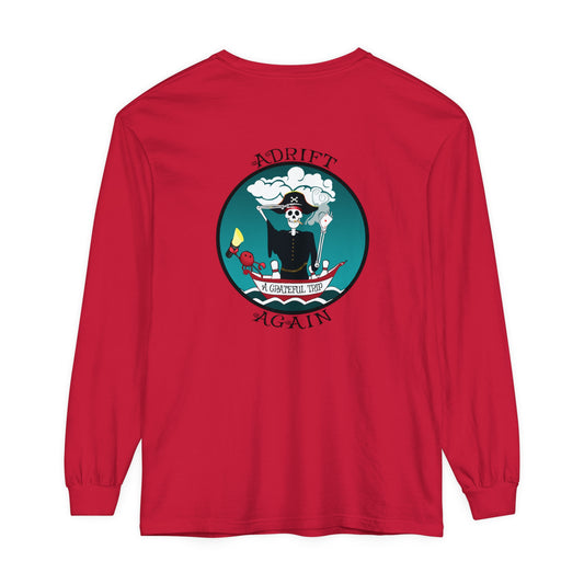 A Grateful Trip Unisex Garment-dyed Long Sleeve T-Shirt, Red, Black, Granite, White & Mint